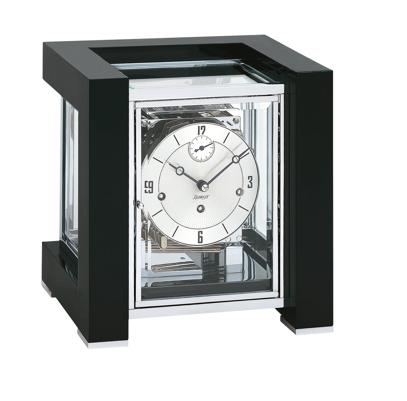 Modern black and transparent desk clock with a classic dial design