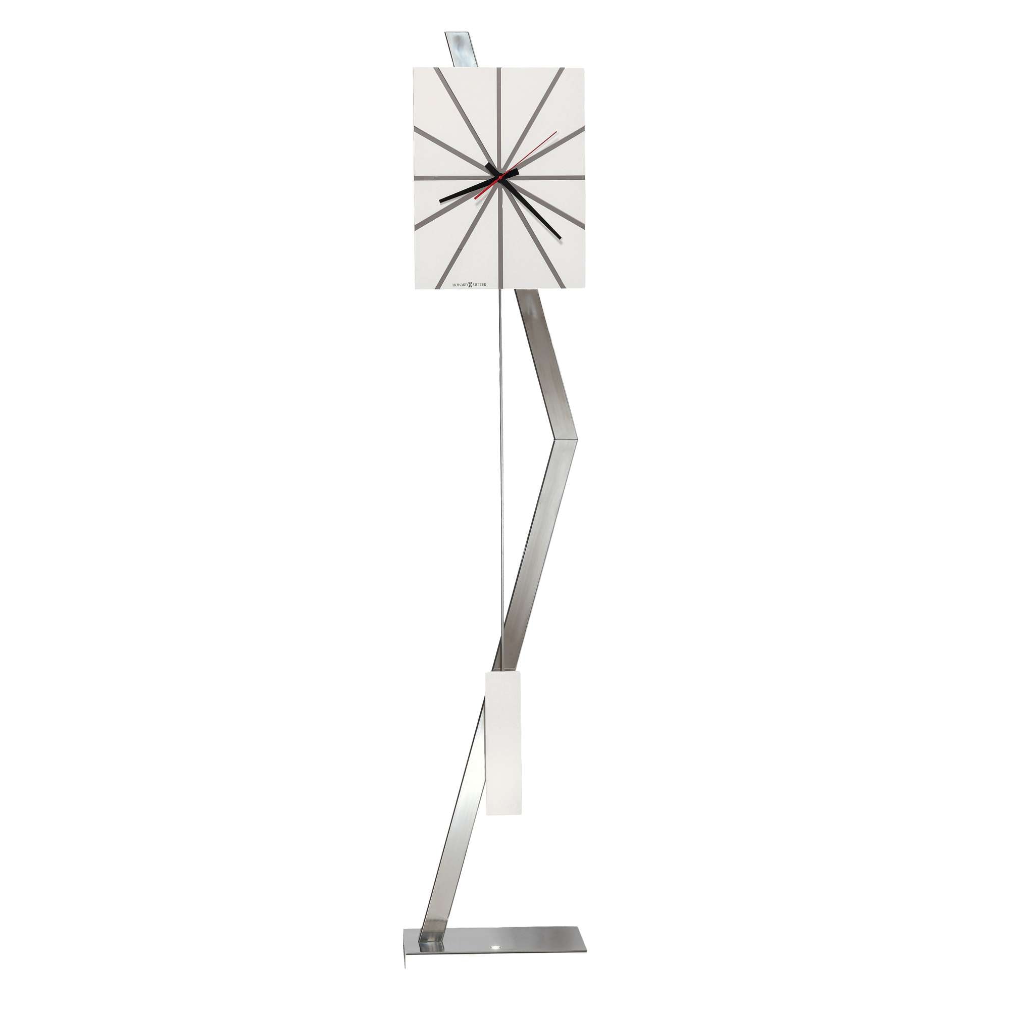 Modern floor clock with a sleek, zigzag design and a minimalist square face.