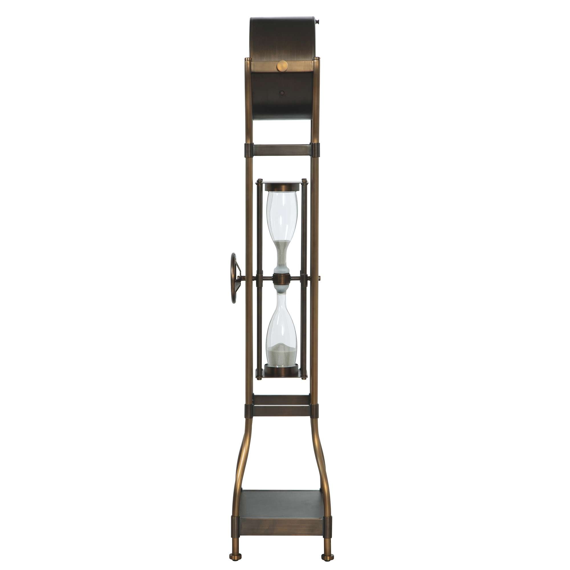 A tall hourglass in a metal frame, featuring a vintage design.