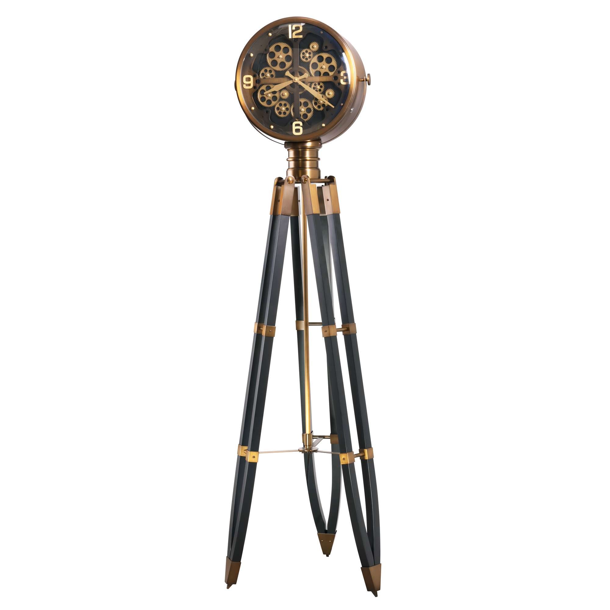 A stylish floor clock with a round black face and decorative gears, supported by a tripod base.