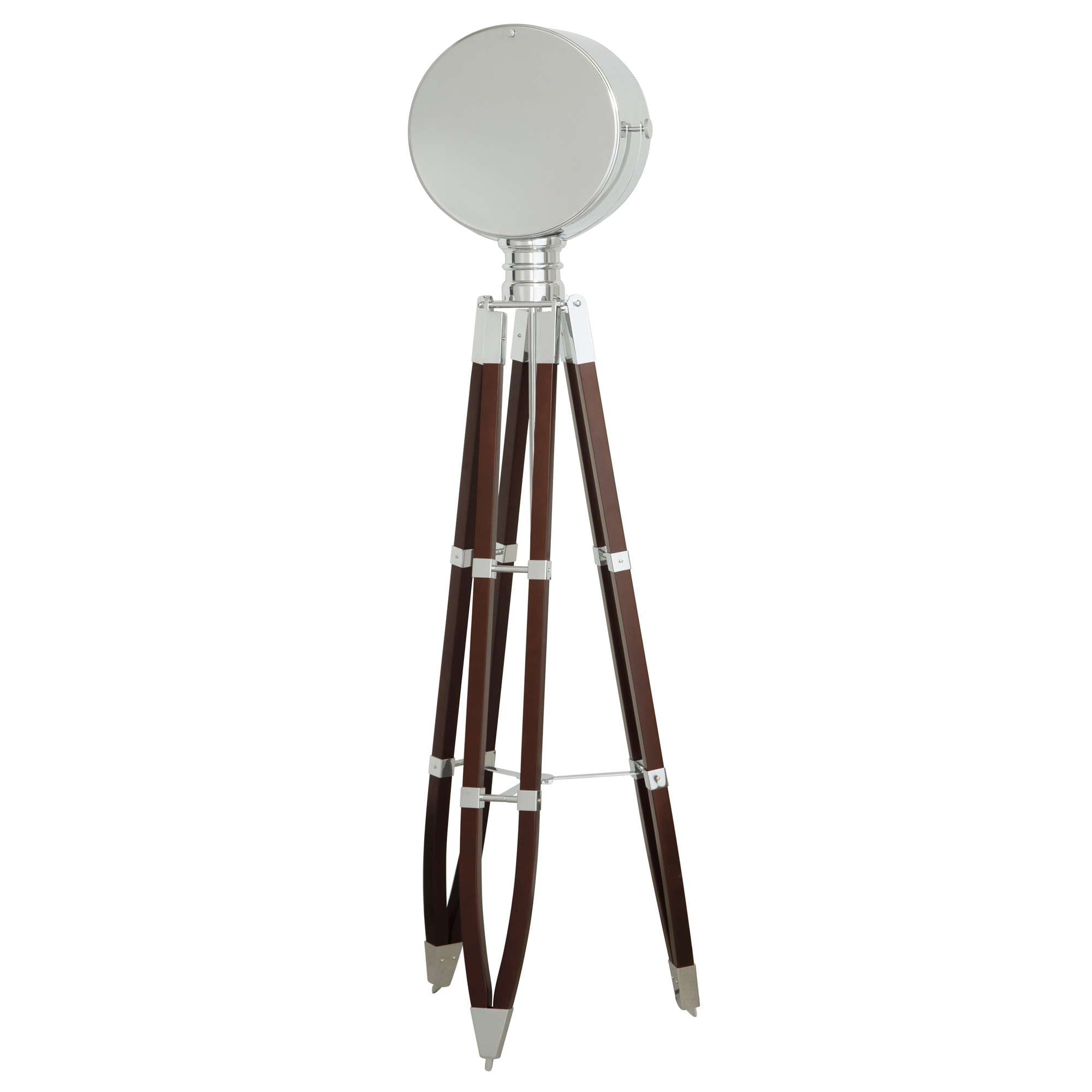 Modern tripod floor lamp with a round metallic shade and wooden legs
