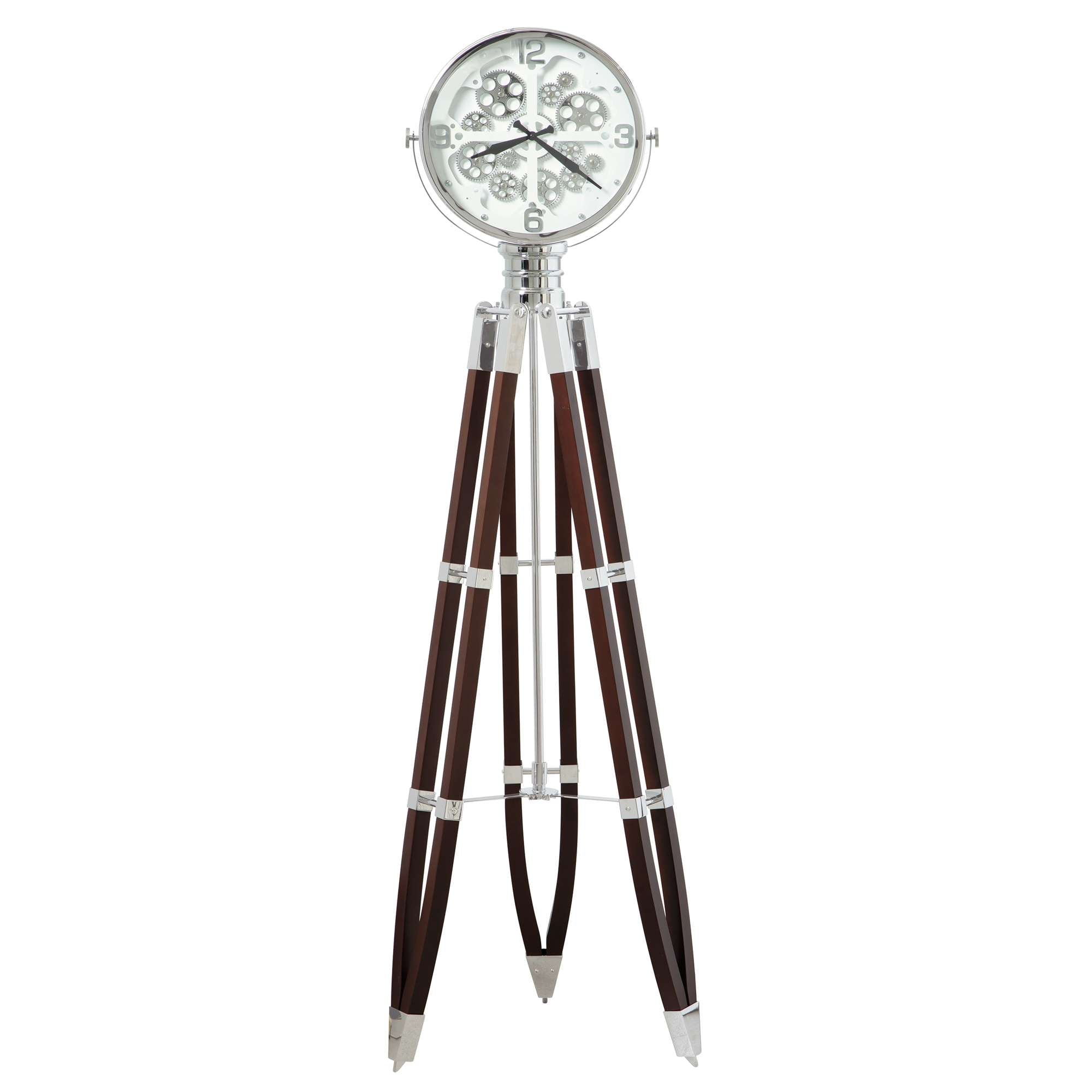 A modern floor clock with a round face and wooden tripod base.