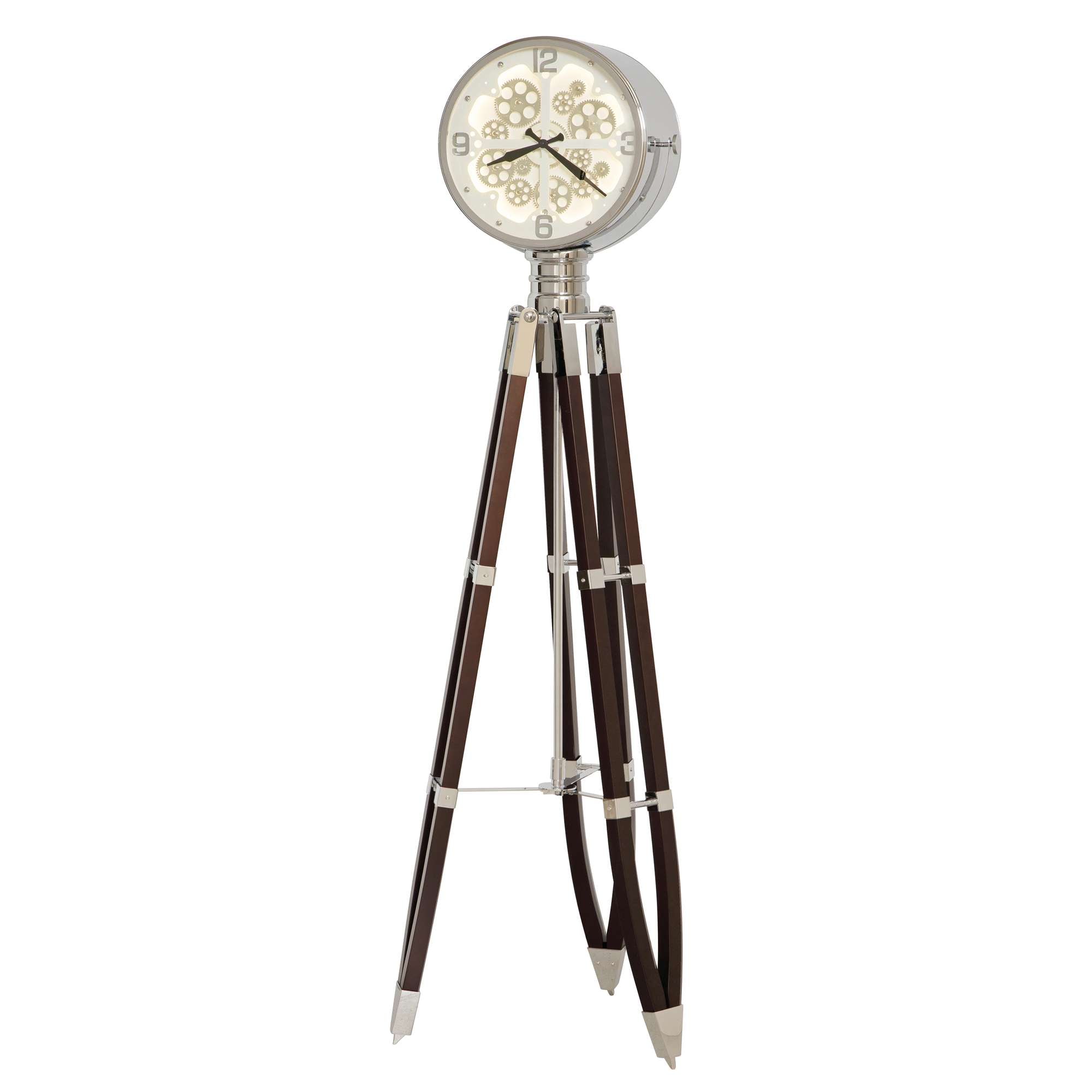 A modern floor clock with a round face and tripod-style wooden legs.