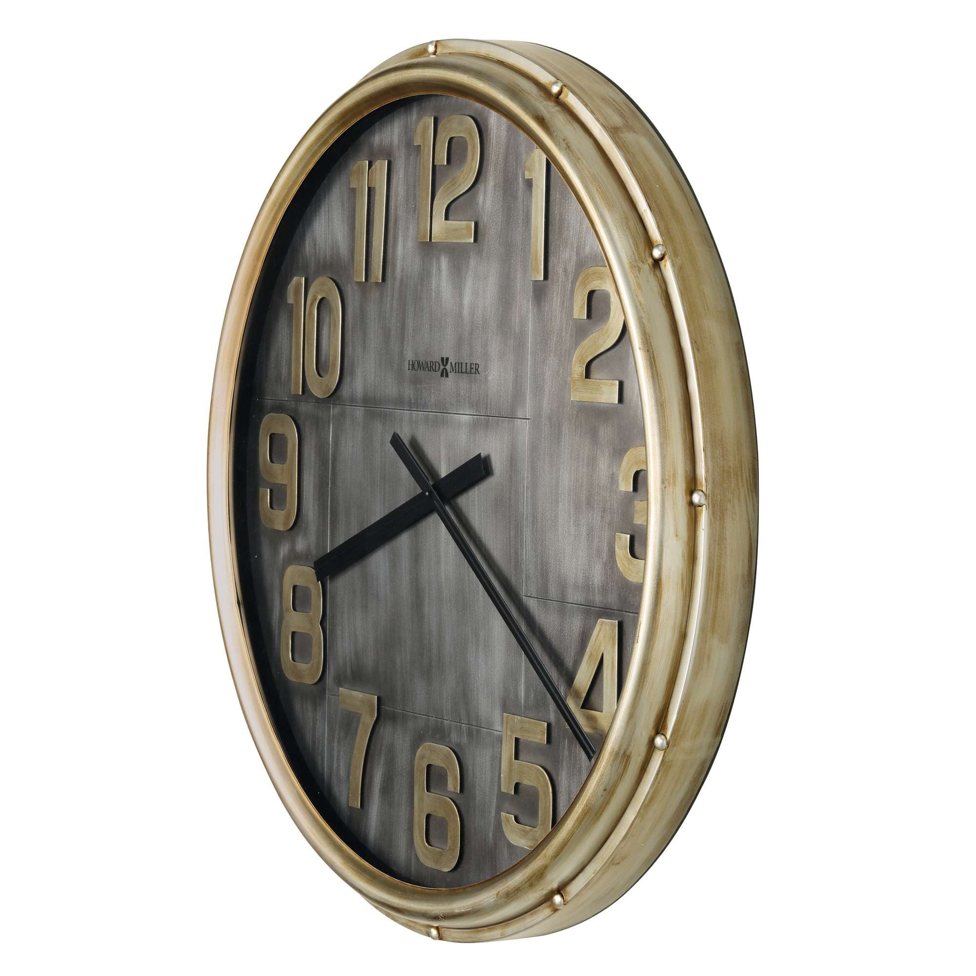 A vintage-style wall clock with large numbers and a metallic frame.