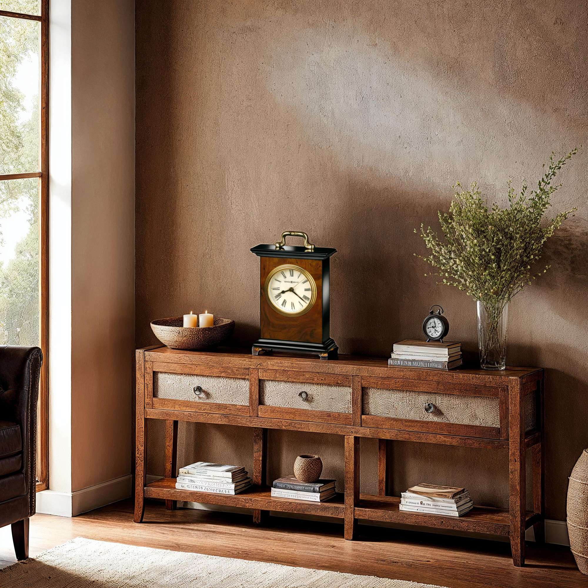 A wooden console table with decorative items and clocks against a textured wall.