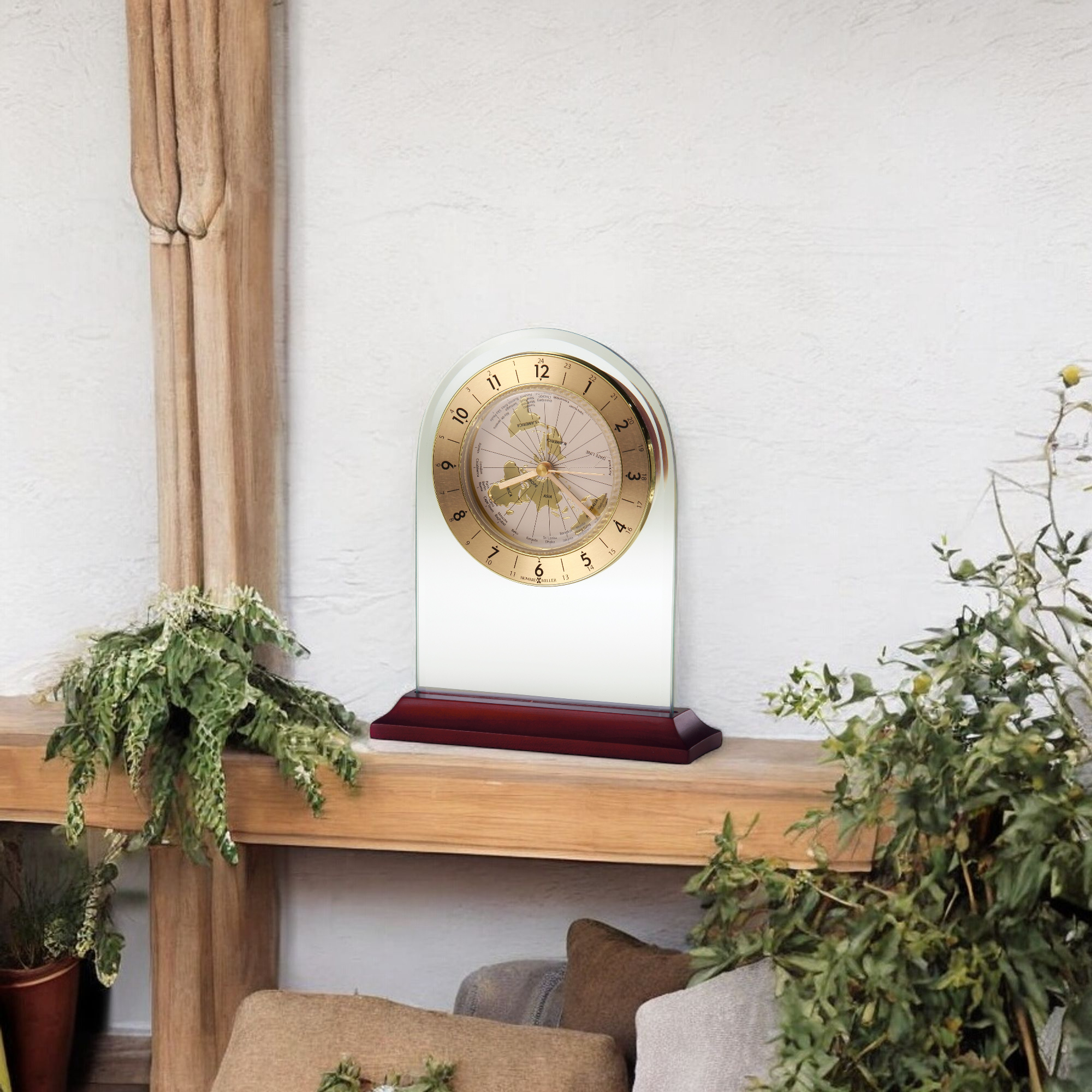 Decorative clock on a wooden shelf with plants