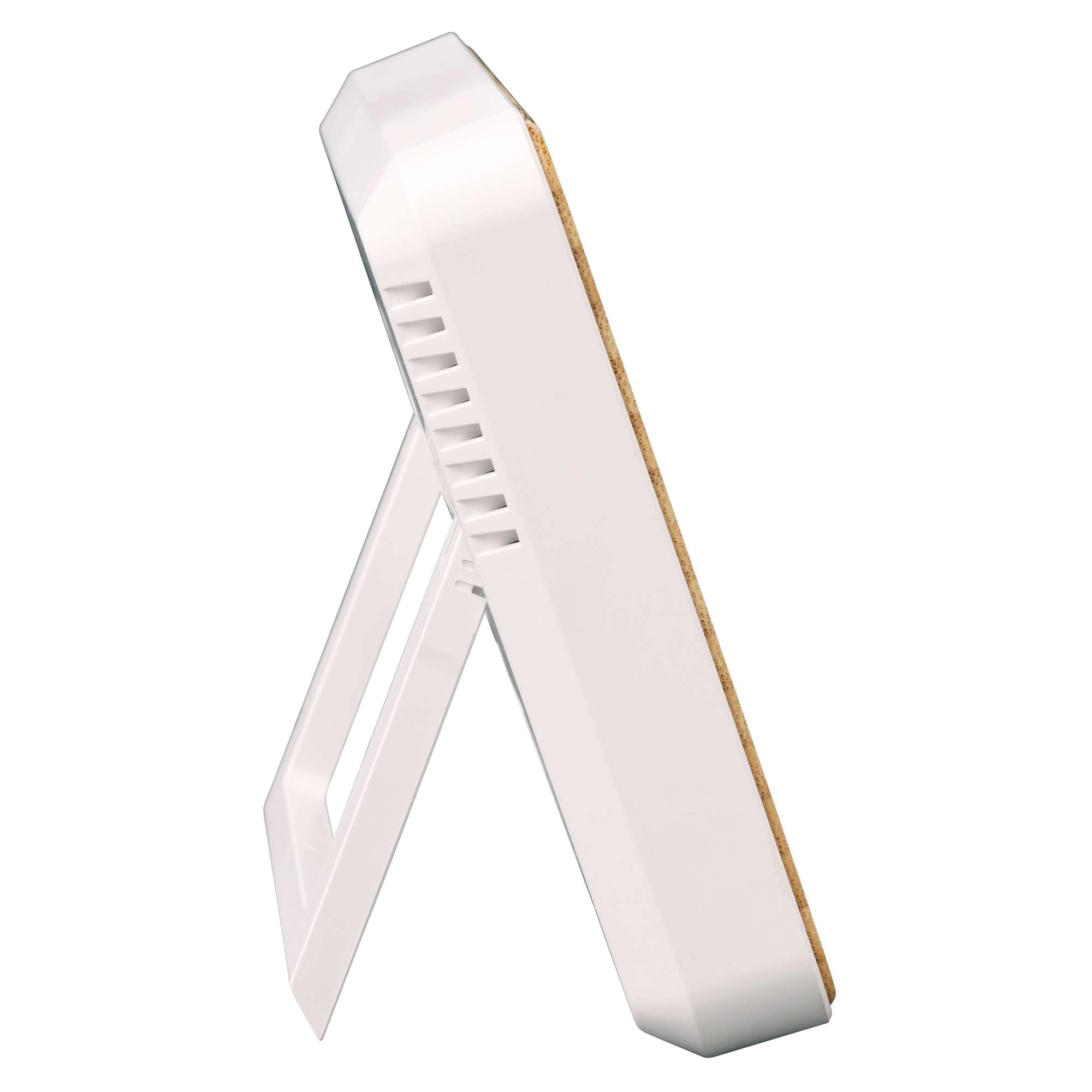 Side view of a white electronic device with a stand.