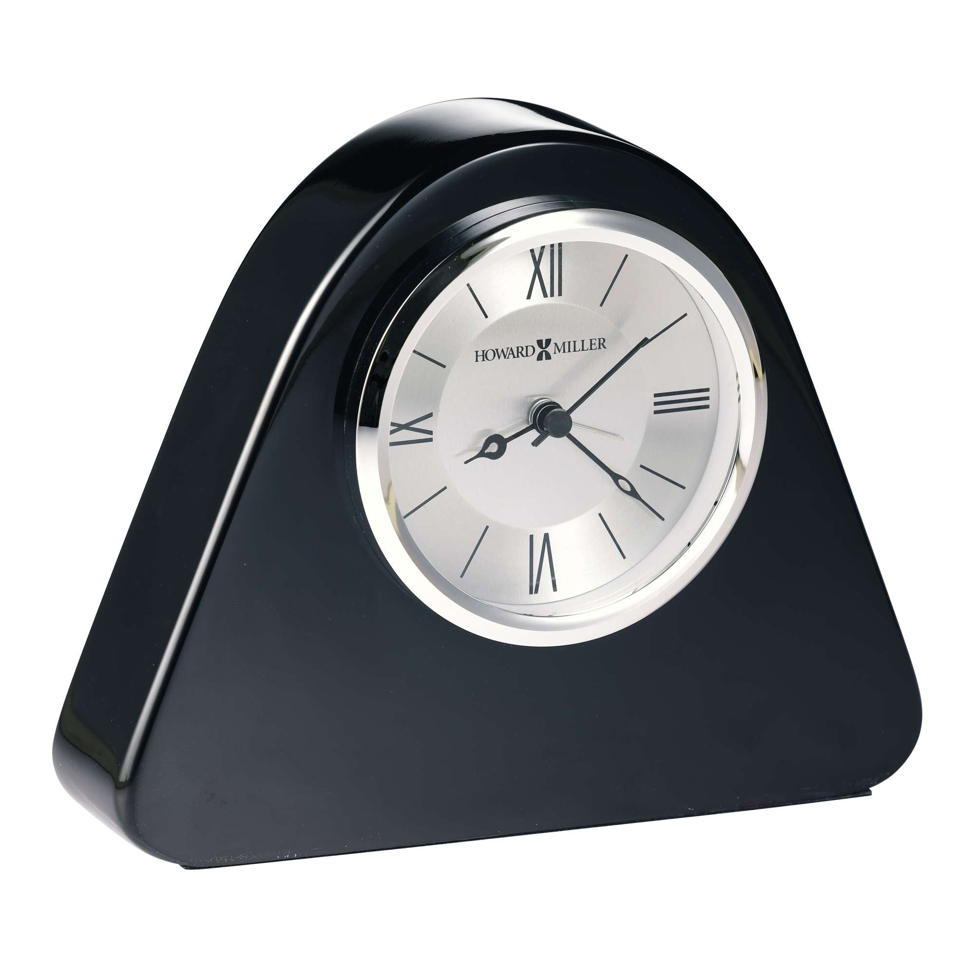 Black triangular desk clock with Roman numerals.