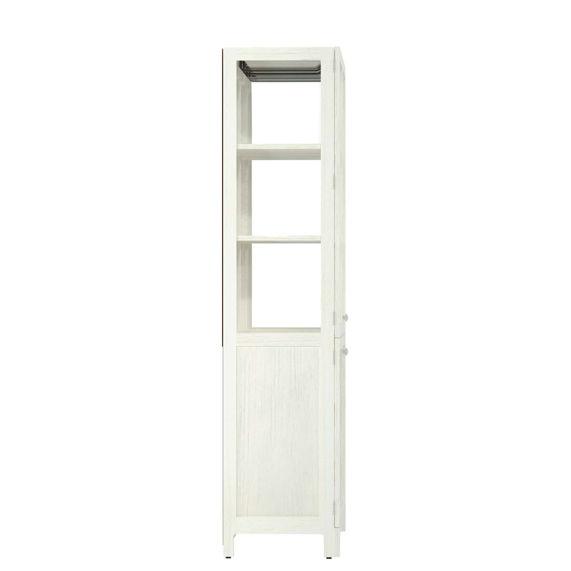 Tall, narrow white cabinet with three open shelves and a closed bottom section.