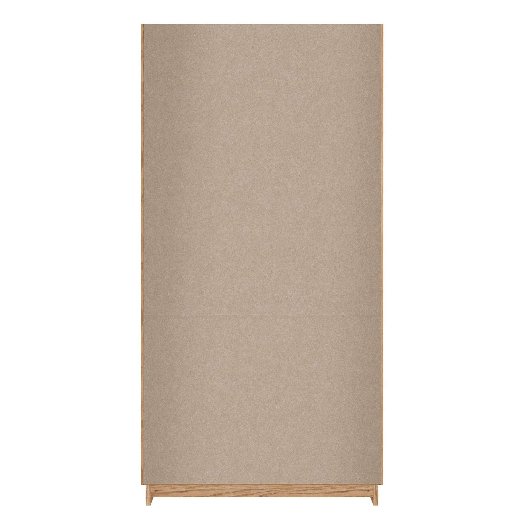 A tall, minimalist wardrobe with a clean, beige front and wooden base.