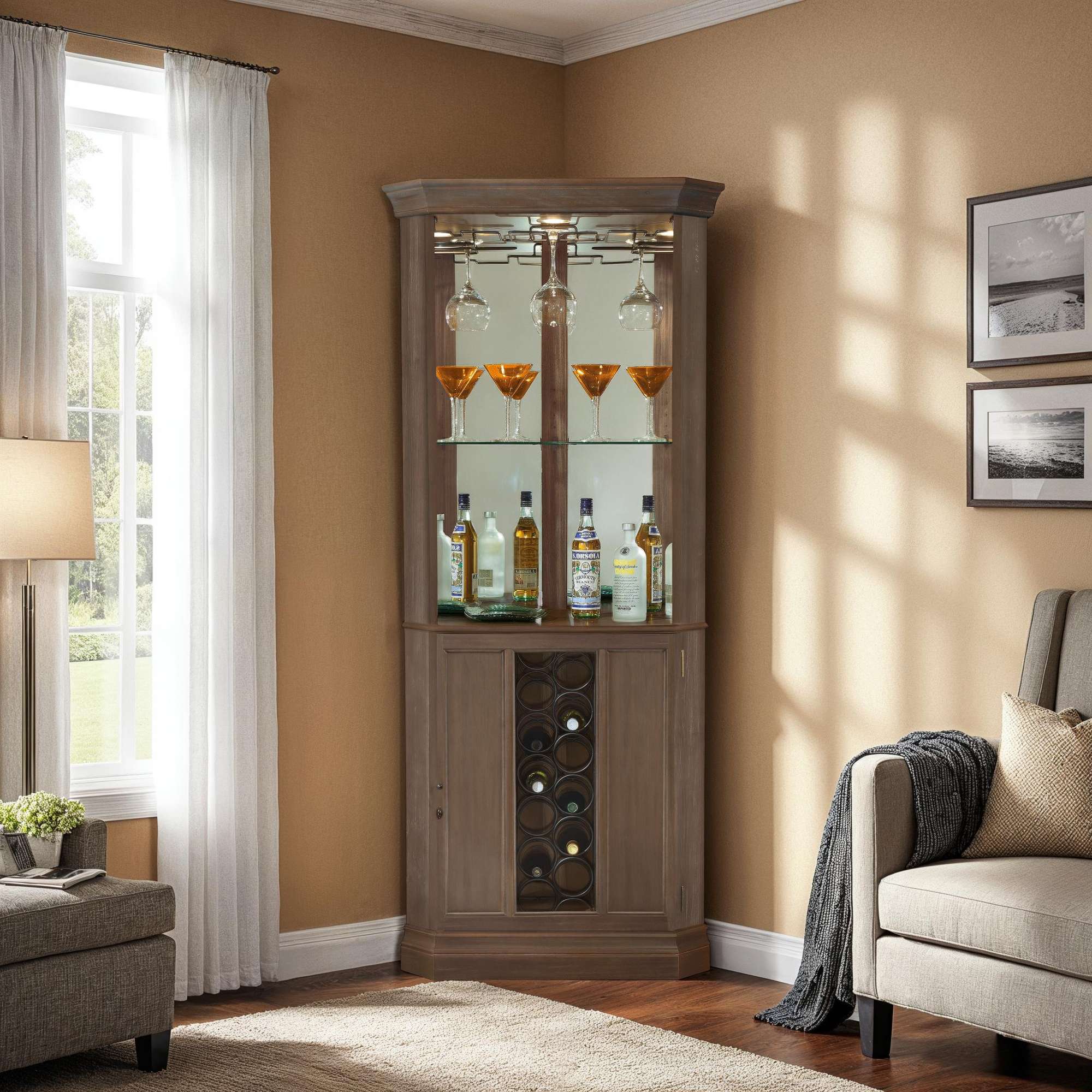 A stylish corner bar cabinet displaying various bottles and glassware in a well-lit room.