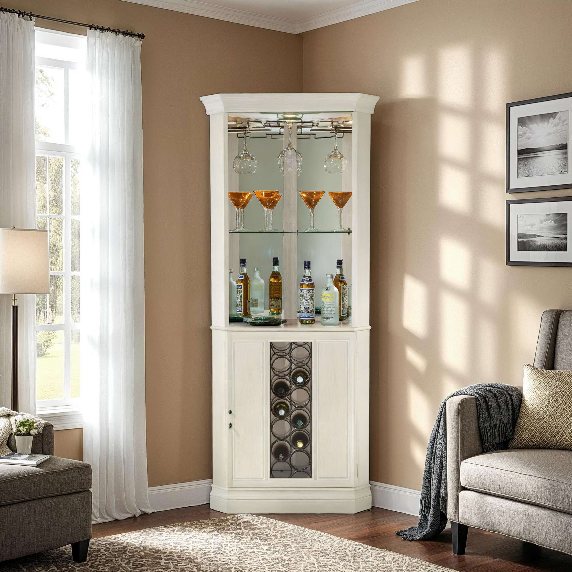 Corner display cabinet with shelves for liquor bottles and glasses in a well-lit room.