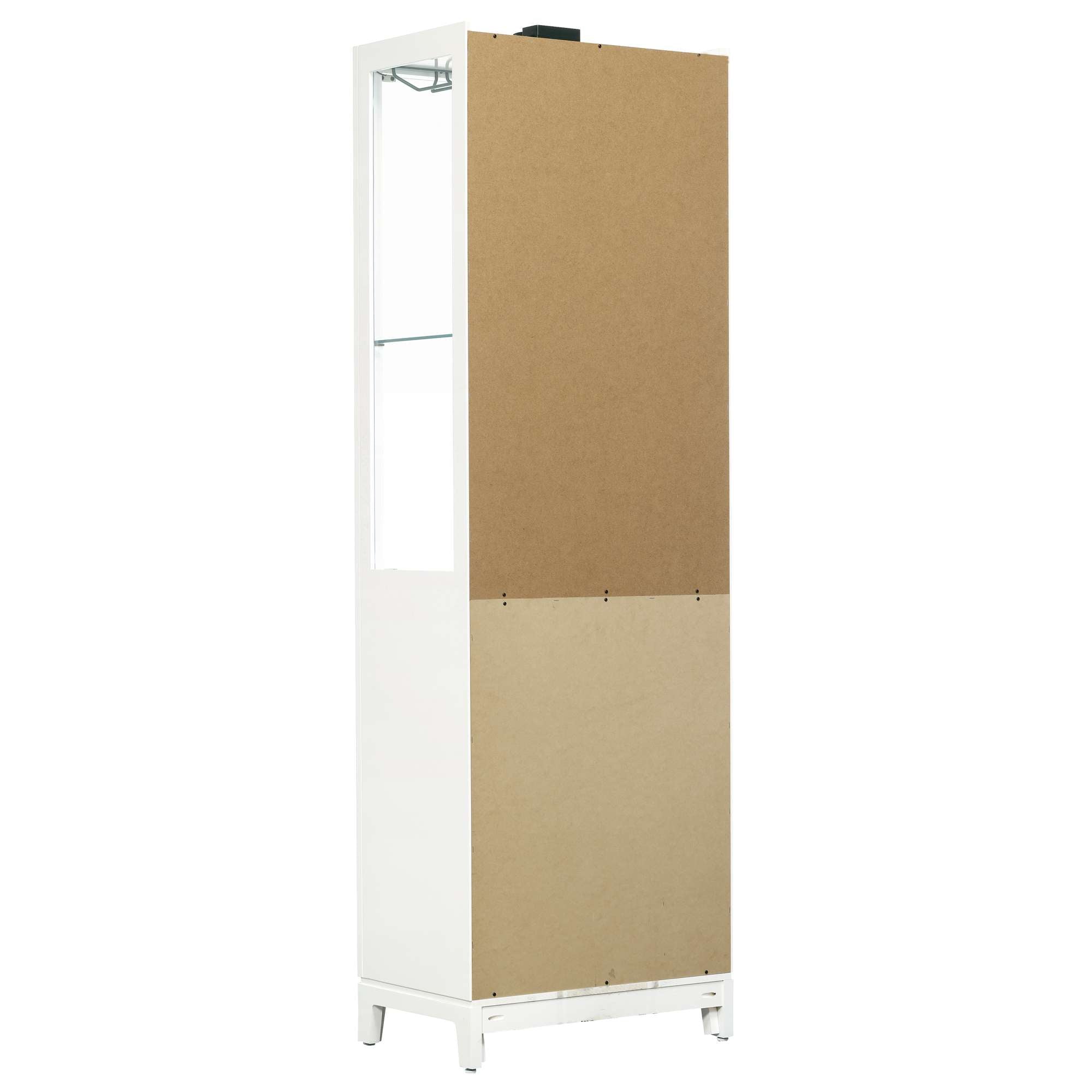 A tall storage cabinet with a glass display section and a solid wood panel front.