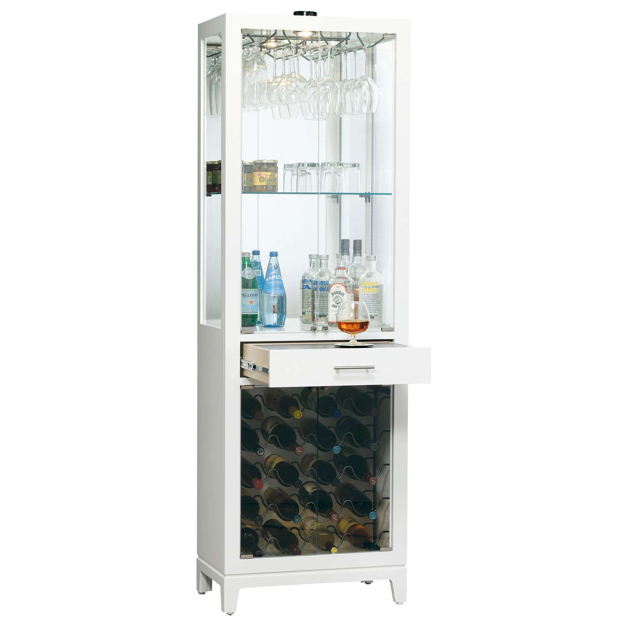 A sleek white bar cabinet with glass shelves, showcasing bottles and glasses.