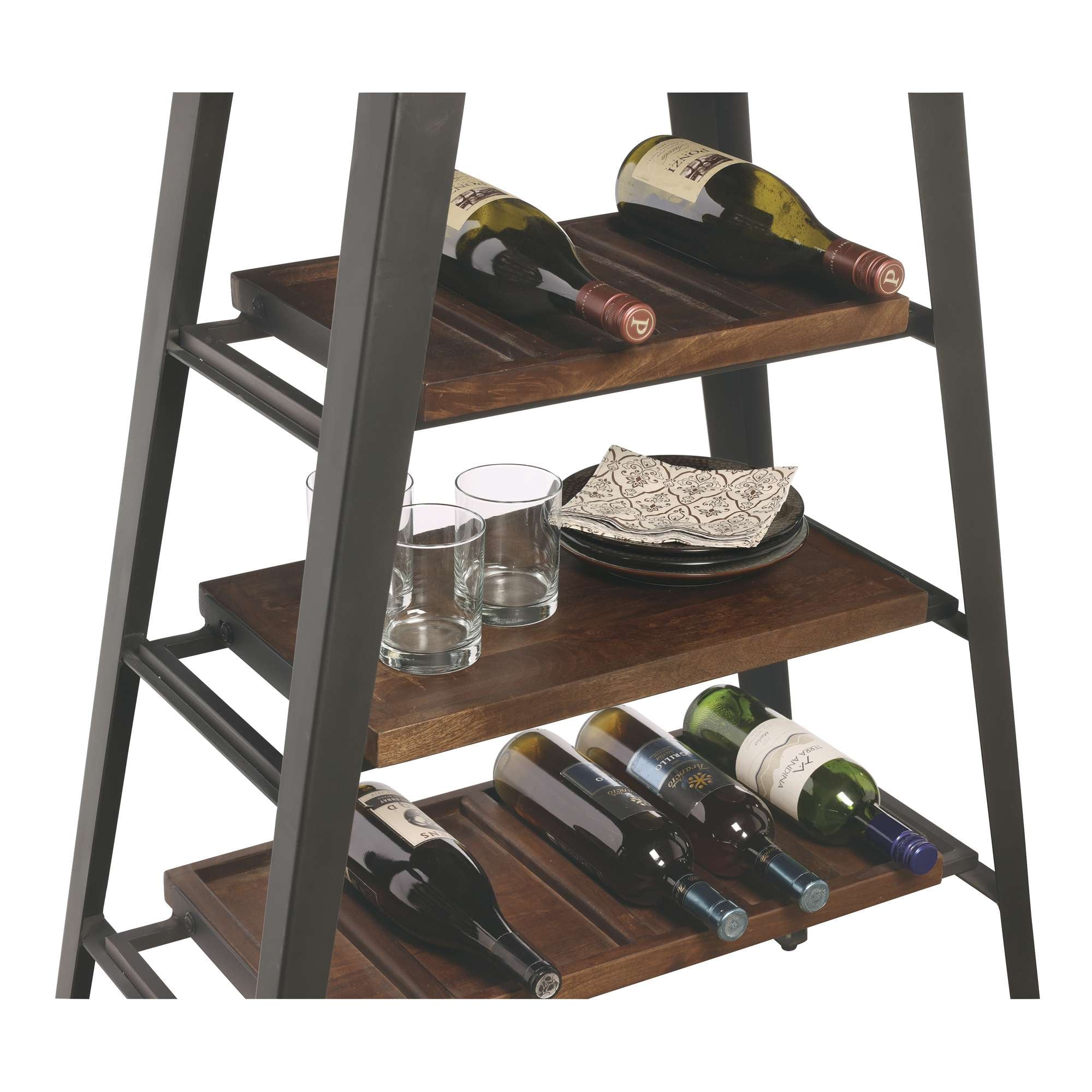 A wooden wine rack displaying various bottles of wine, glasses, and a decorative plate.
