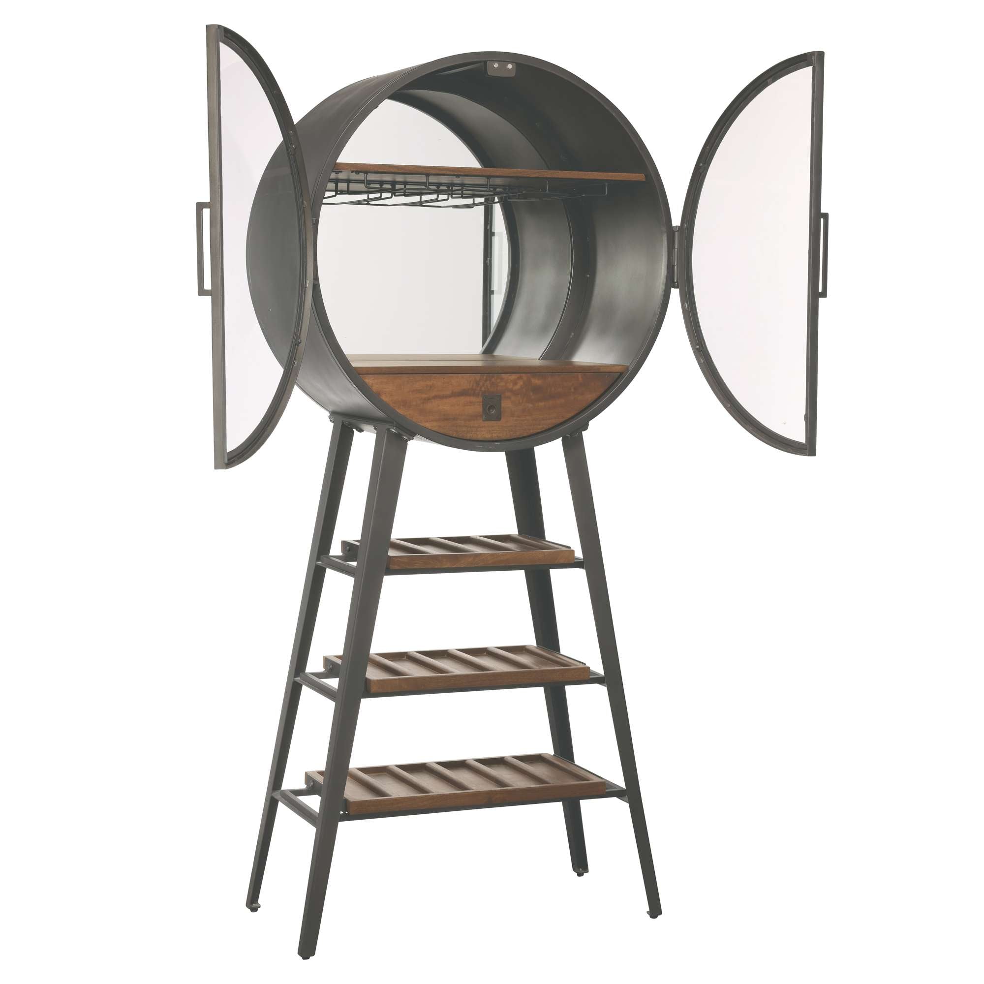Stylish circular cabinet with open doors and wooden shelves