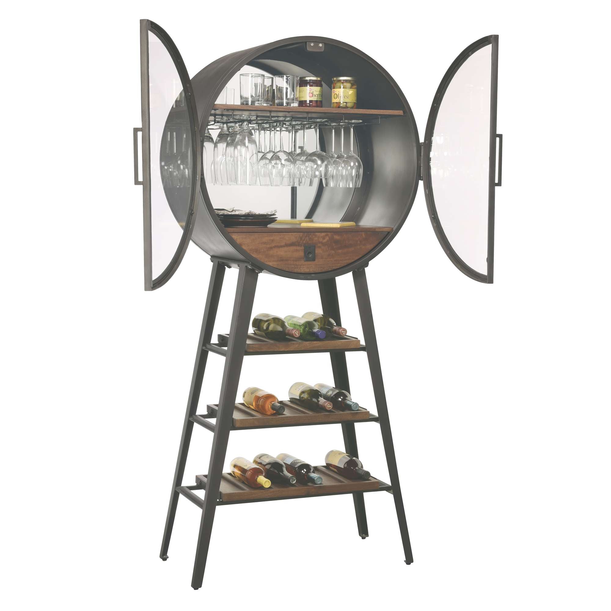 A stylish circular bar cabinet with open doors displaying glassware and wine bottles on shelves.