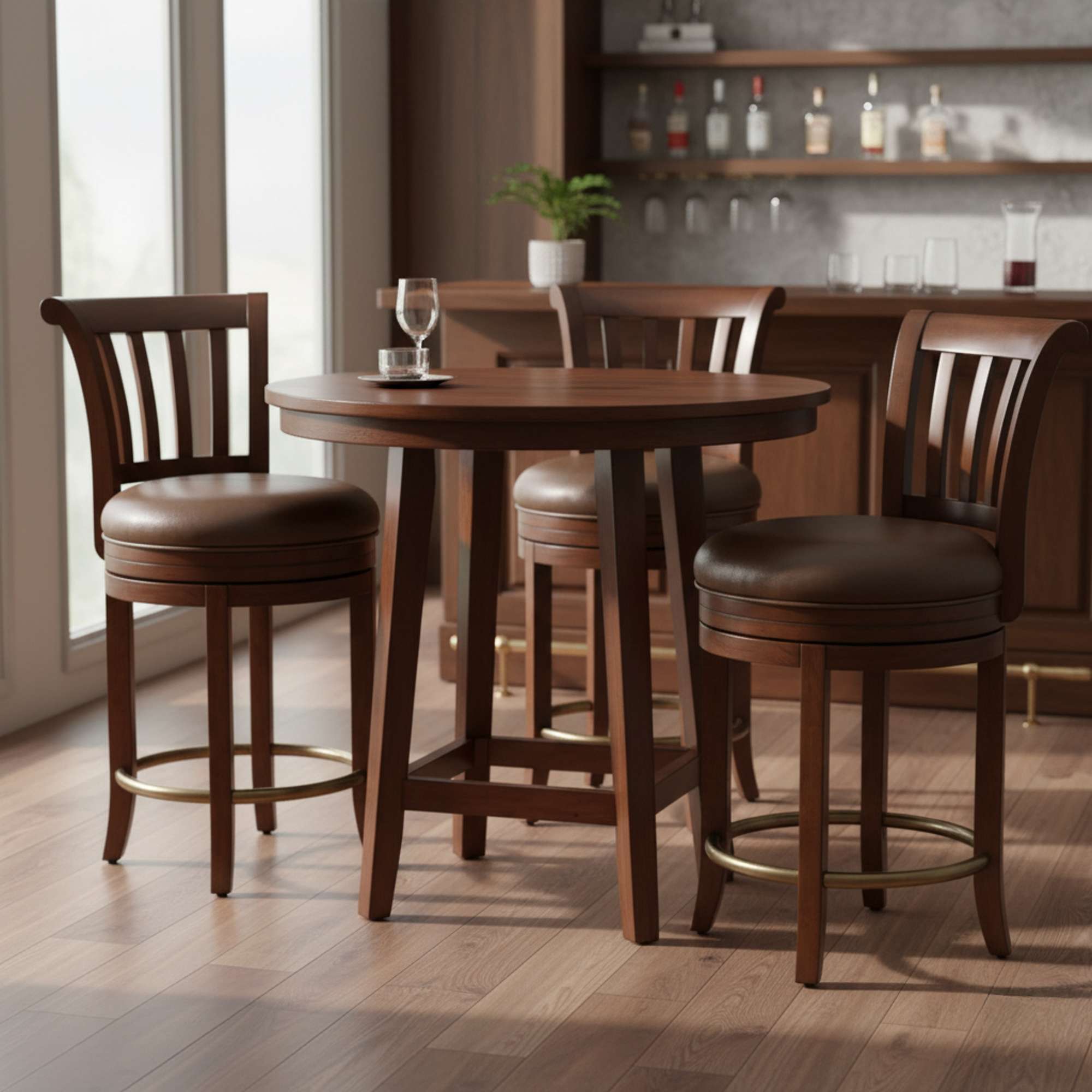 A wooden dining table with two matching bar stools in a bright room.