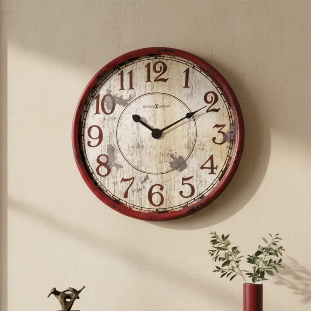 Vintage red wall clock with distressed white face and large black numbers, perfect for home decor.