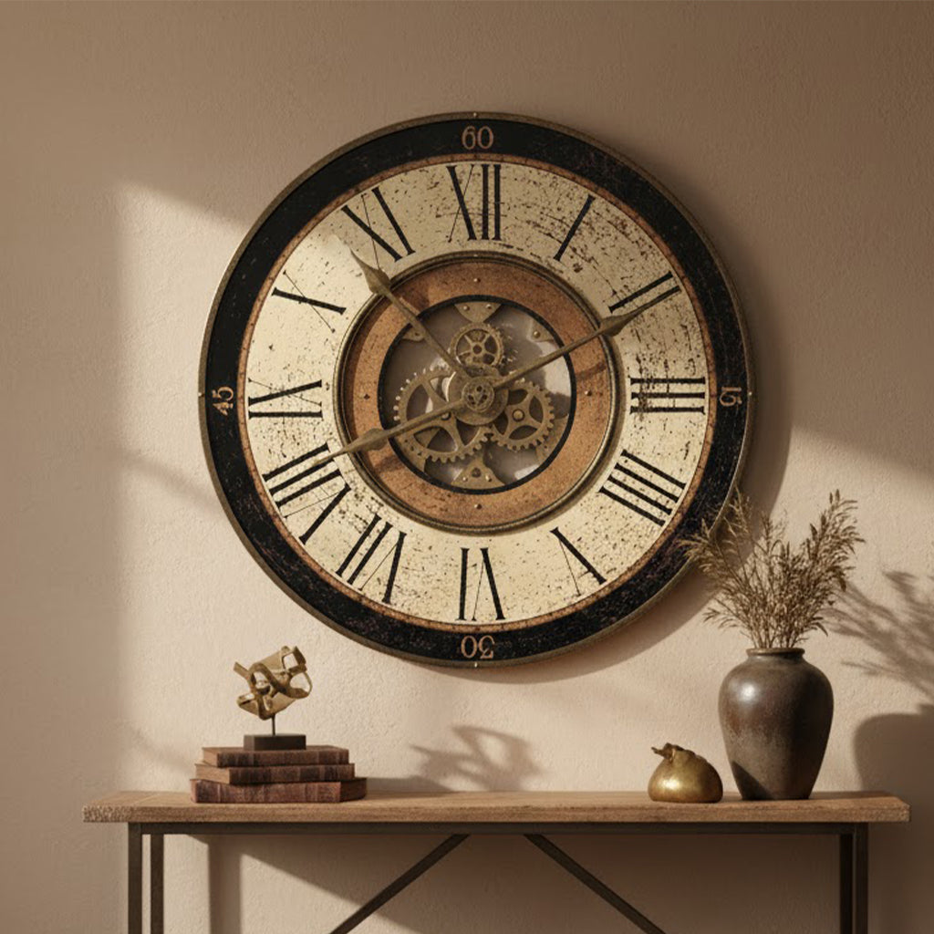 Vintage wall clock with Roman numerals, intricate gears, and a rustic finish in cream and black.