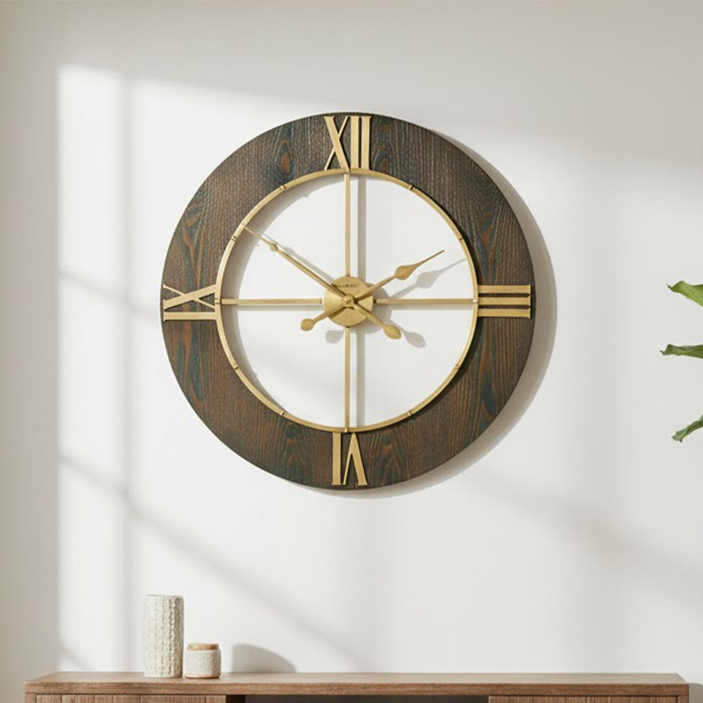 Elegant wall clock with a dark wood frame and gold accents, perfect for modern decor.