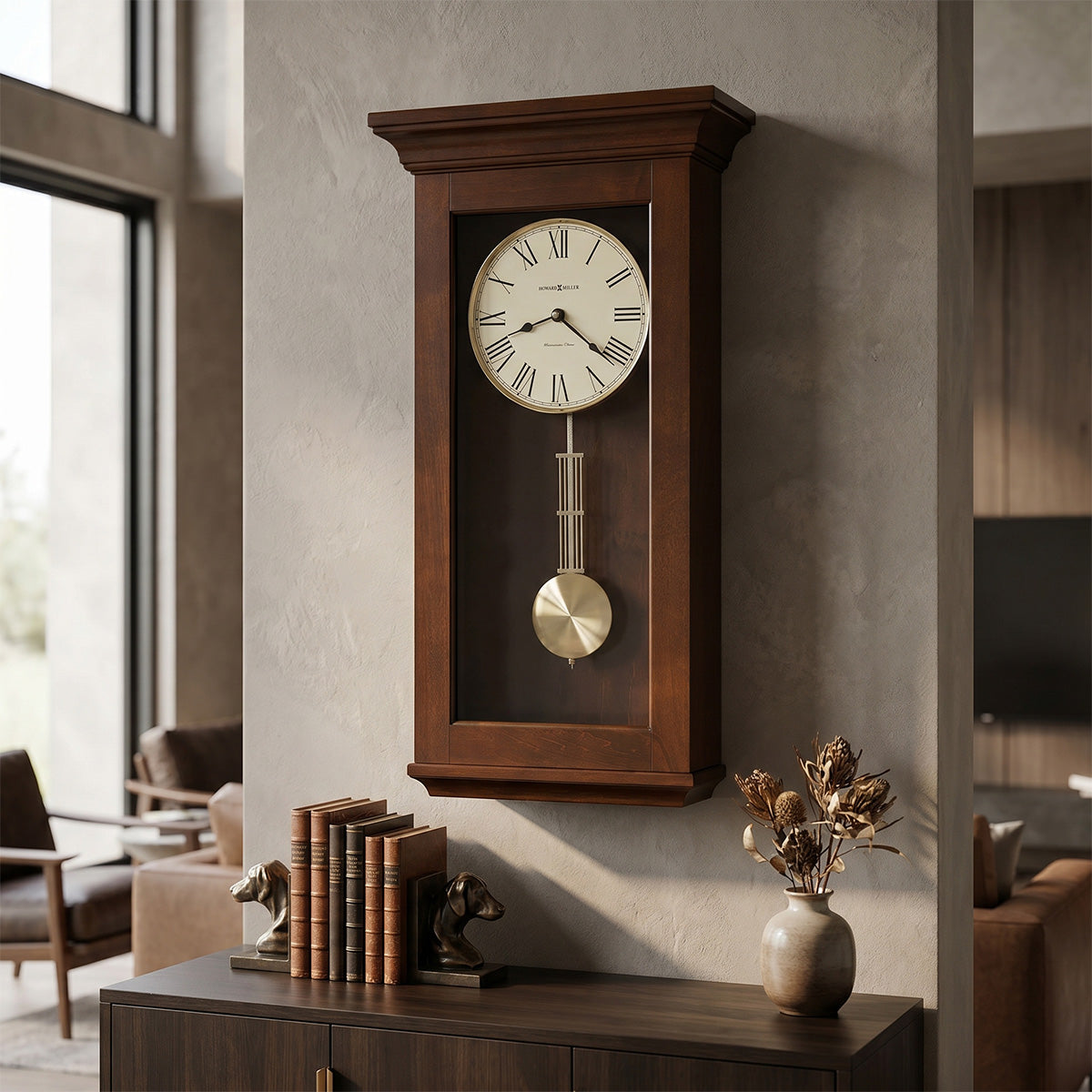 Wooden wall clock with pendulum on a wall in a room with furniture and decor.