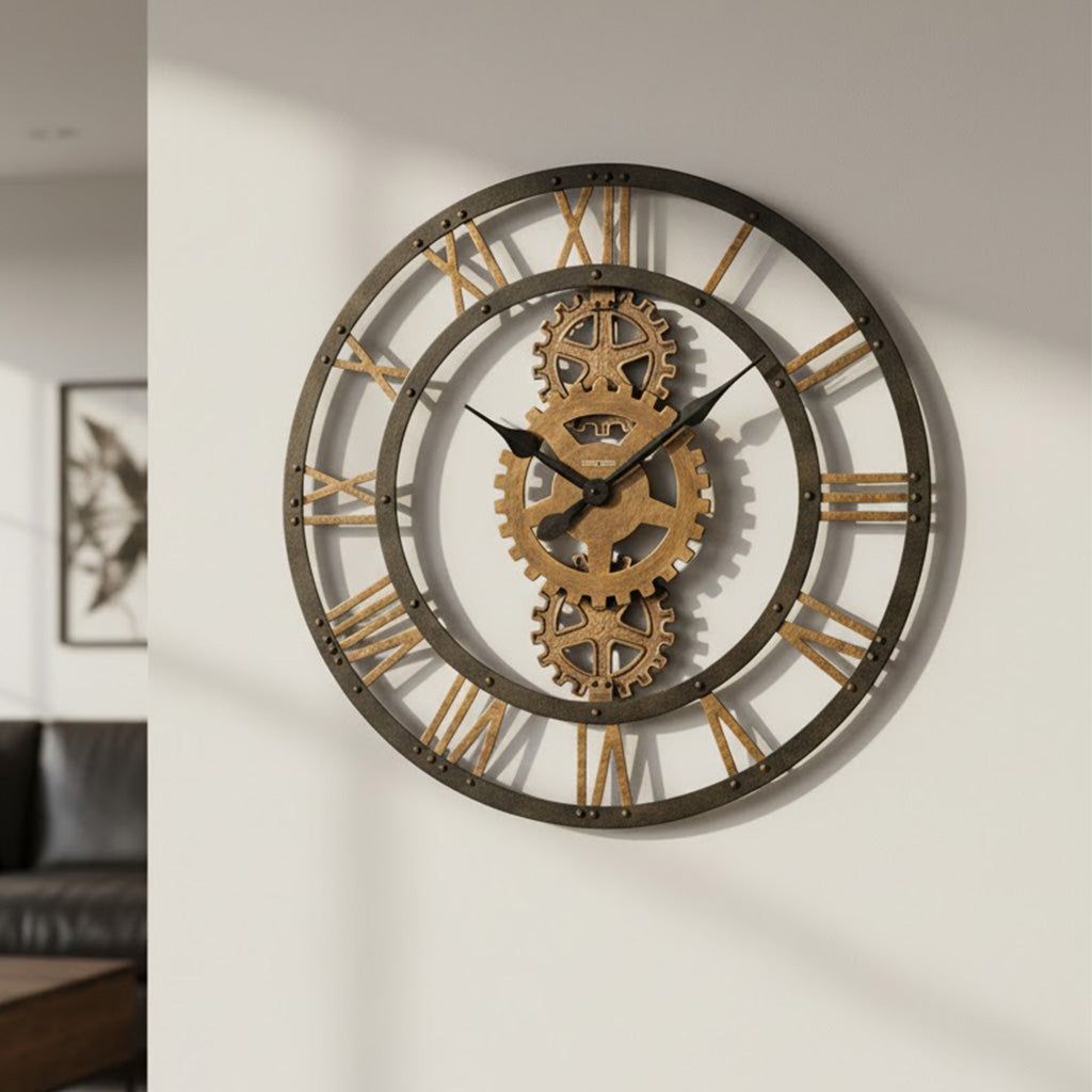 Vintage-style wall clock with metal frame and gold gears, featuring Roman numerals for timeless elegance.