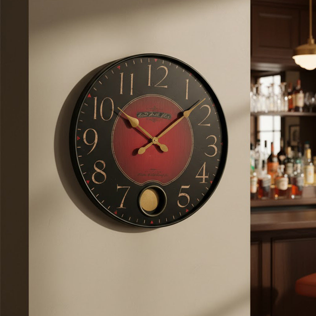 Vintage style wall clock in black and red with gold accents, perfect for home decor.