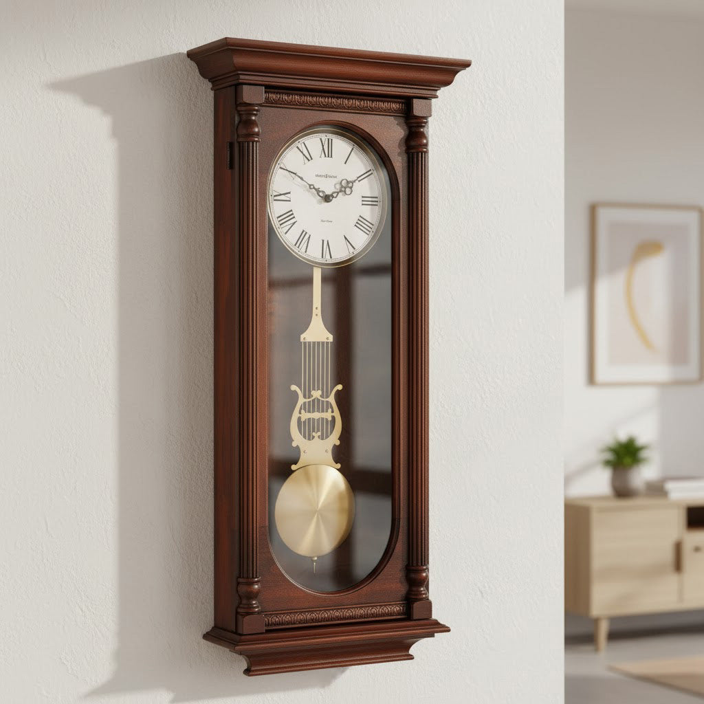 Elegant wooden wall clock with gold pendulum and Roman numerals, rich mahogany finish.