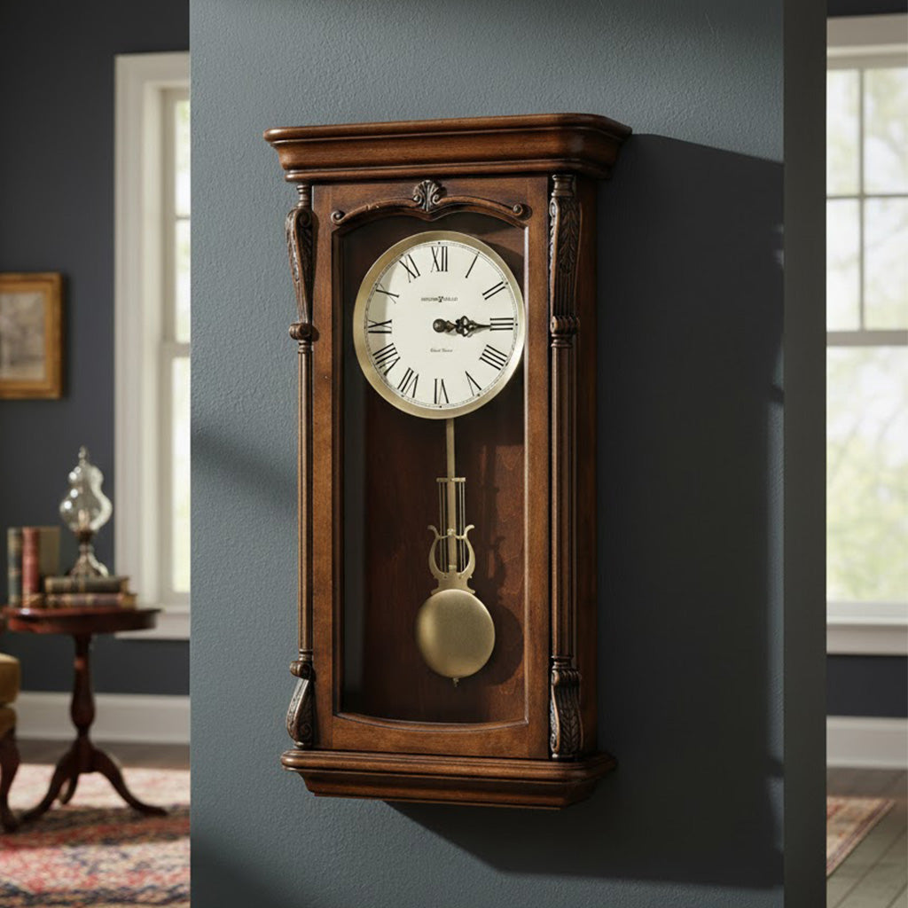 Antique-style wall clock in dark wood frame with Roman numerals and pendulum, enhancing home decor.