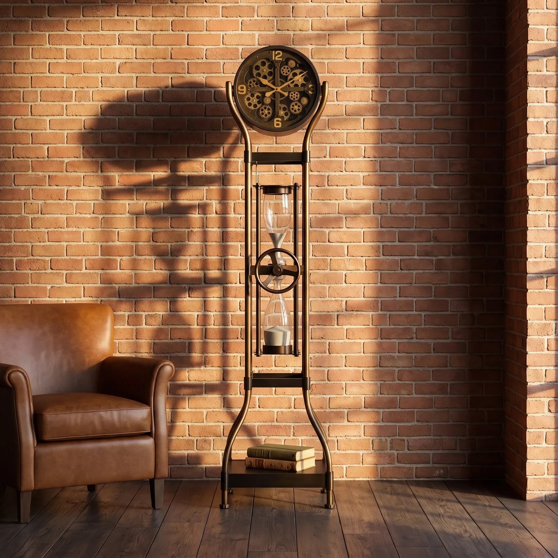 Howard miller hourglass IV grandfather clock set against a warm brick wall next to a brown leather armchair.