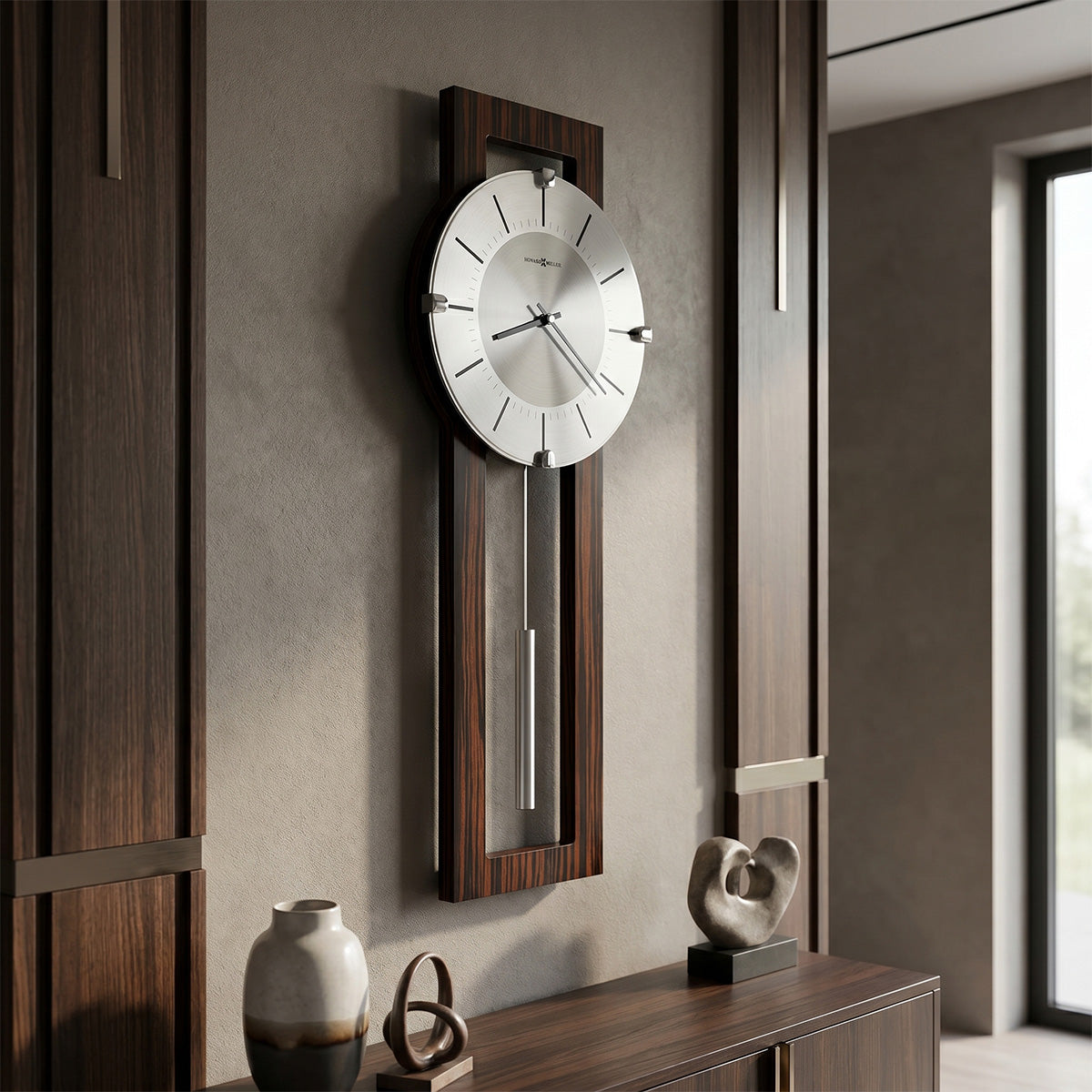 Wooden wall clock with pendulum on a neutral wall
