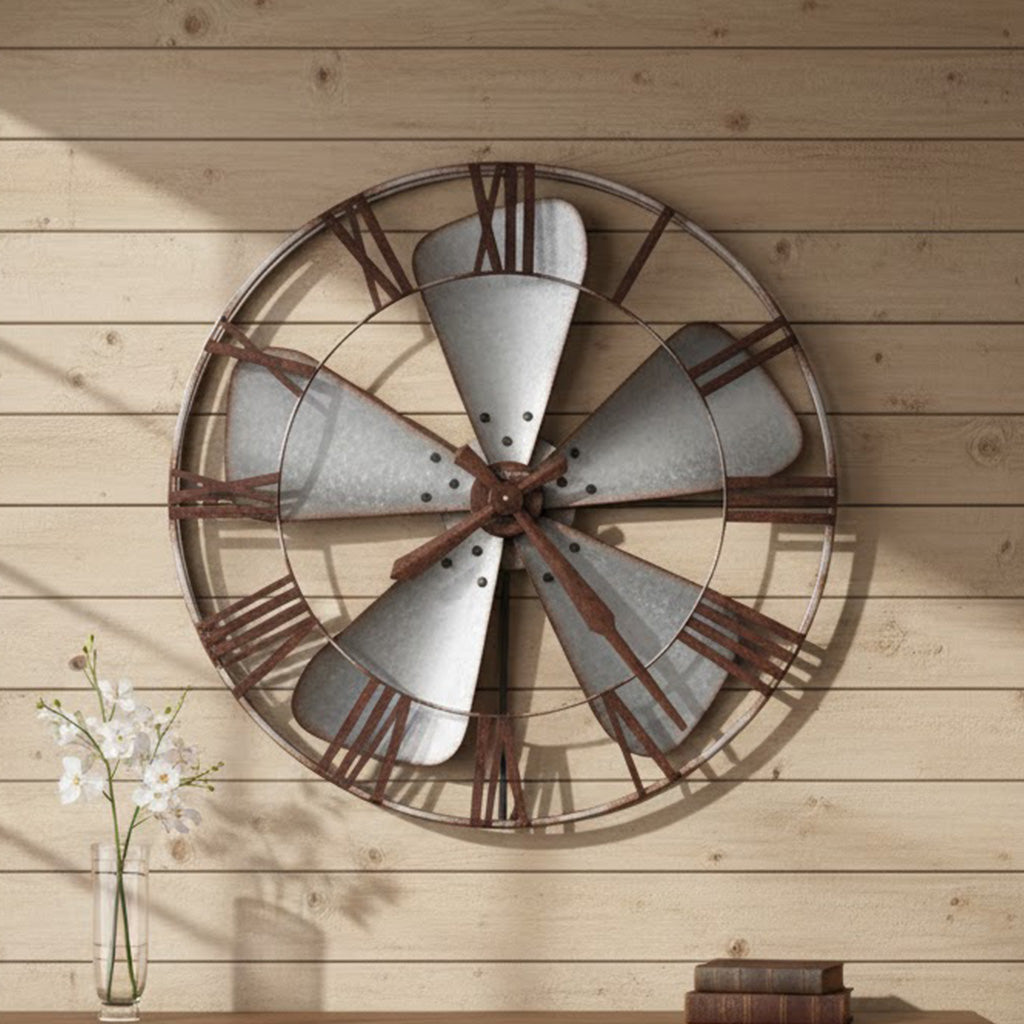 Rustic metal wall clock with galvanized silver finish and brown accents, ideal for farmhouse decor.