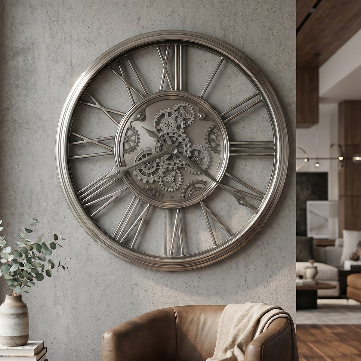 Large decorative wall clock with mechanical design on a gray wall, living room setting.