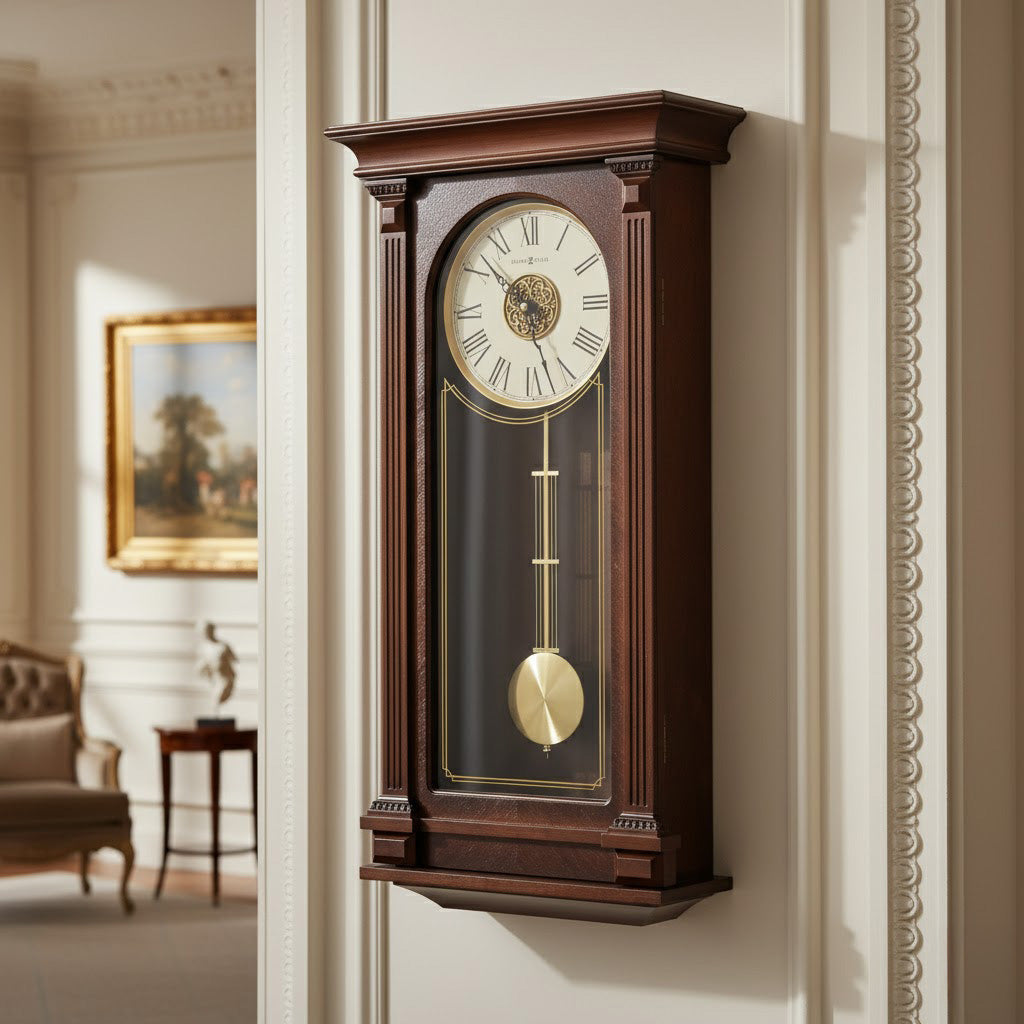 Elegant wooden wall clock with gold accents, pendulum, and Roman numerals in rich mahogany finish.