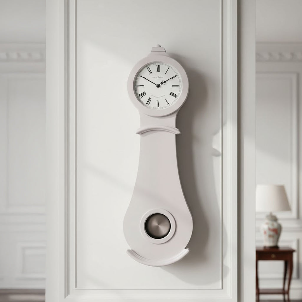 Elegant pink wall clock with Roman numerals and a pendulum feature for classic home decor.