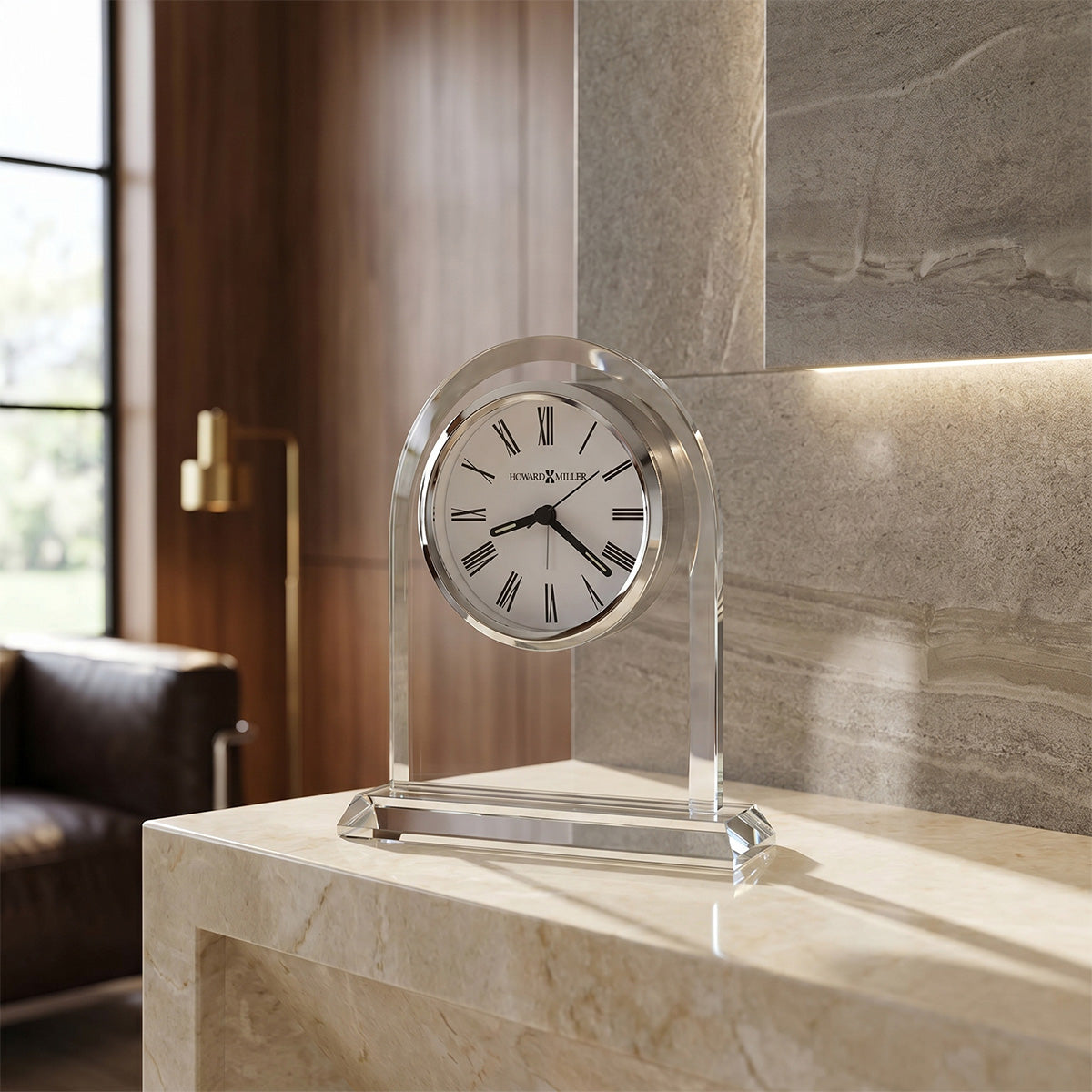 Decorative clock on a marble surface with a blurred background
