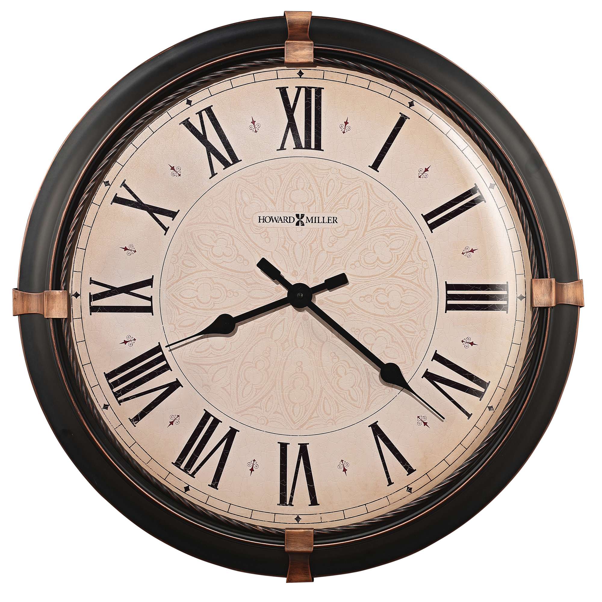 A vintage wall clock with Roman numerals and a decorative design.