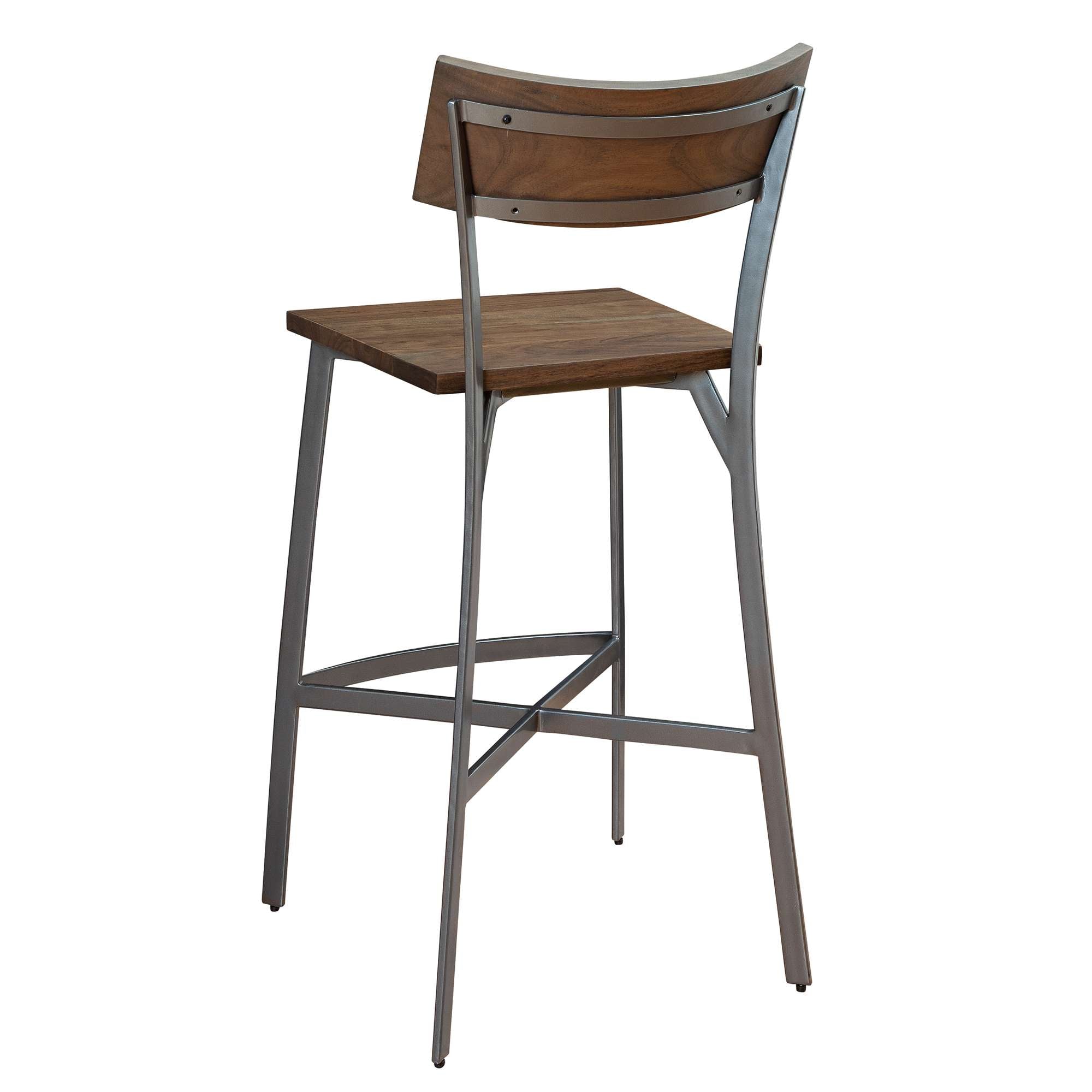 Back view of a modern wooden and metal bar stool