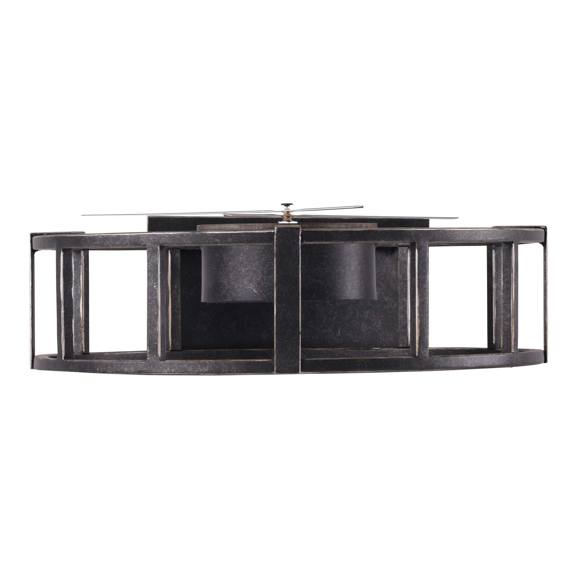 A modern ceiling fan featuring a geometric black frame with open sections.