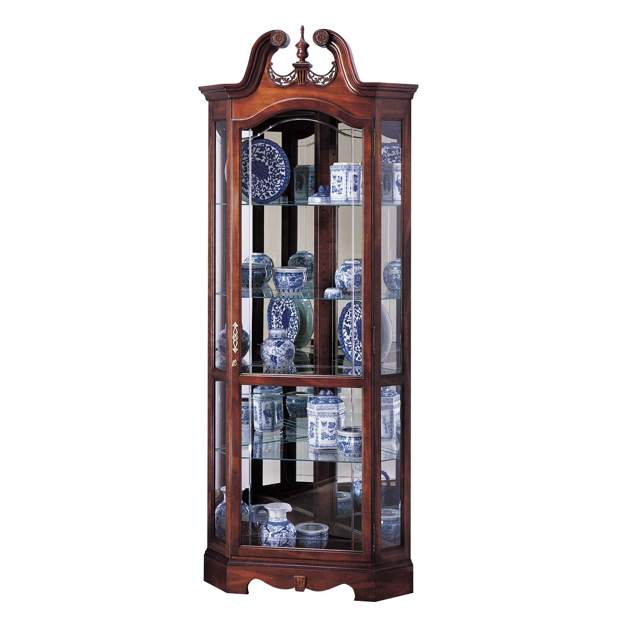 A wooden display cabinet showcasing blue and white ceramic vases.