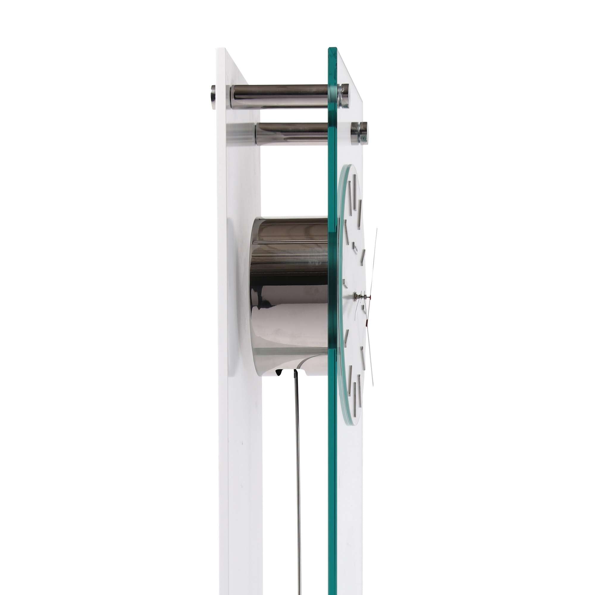 Modern wall clock with a sleek glass and metal design.