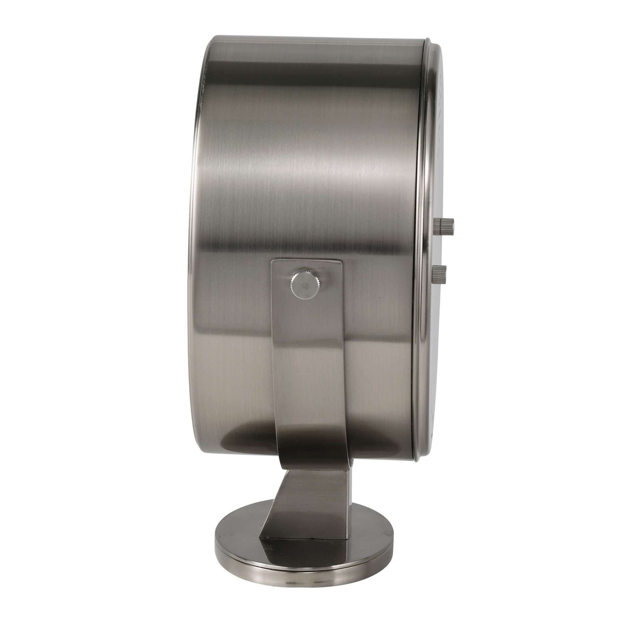Side view of a modern metallic clock with a stand.