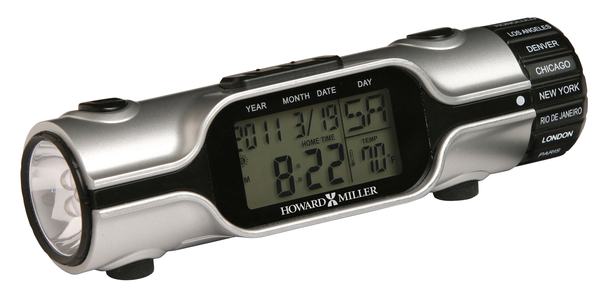Digital clock with flashlight and weather display.