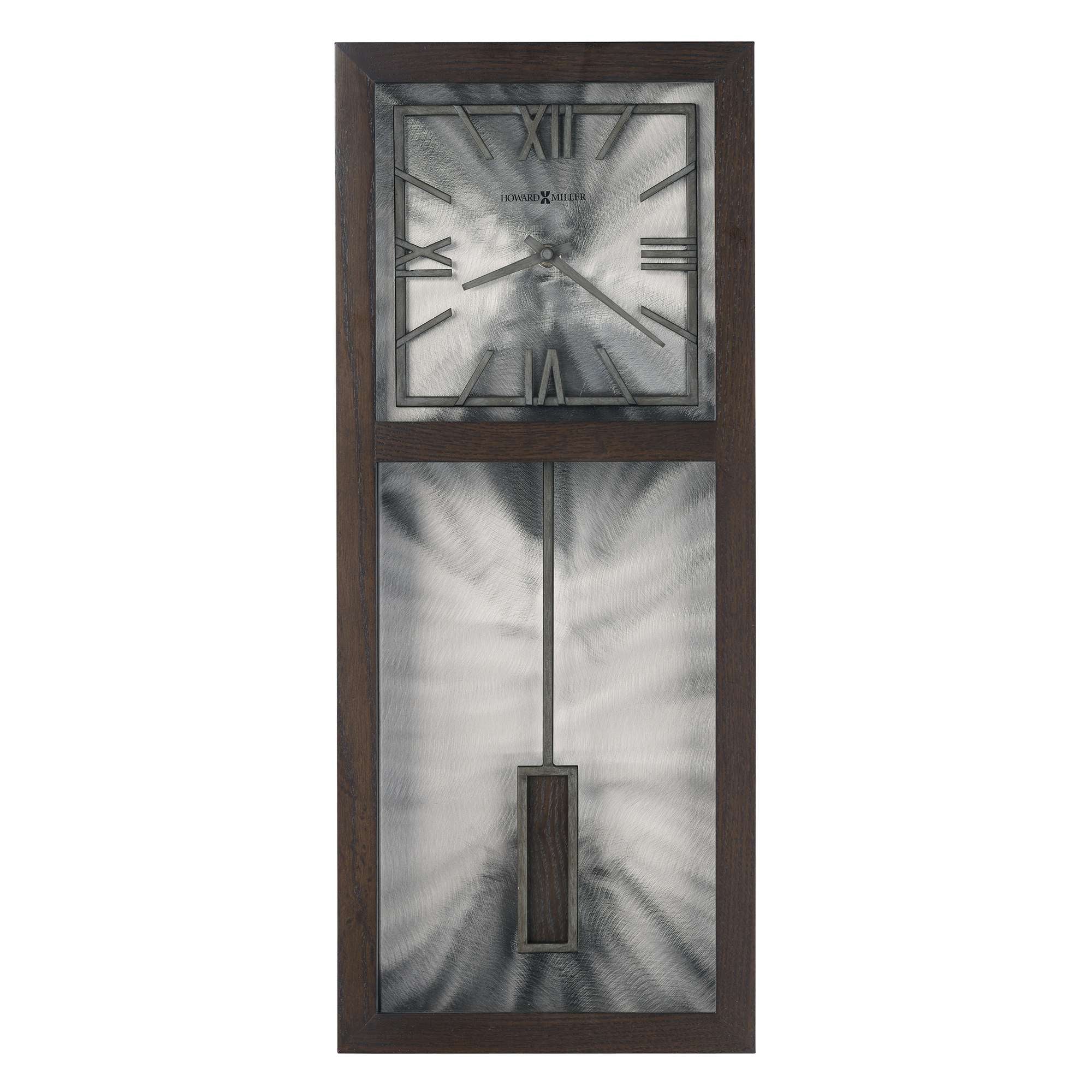Modern wall clock with a rectangular dark wood frame and unique dial design.