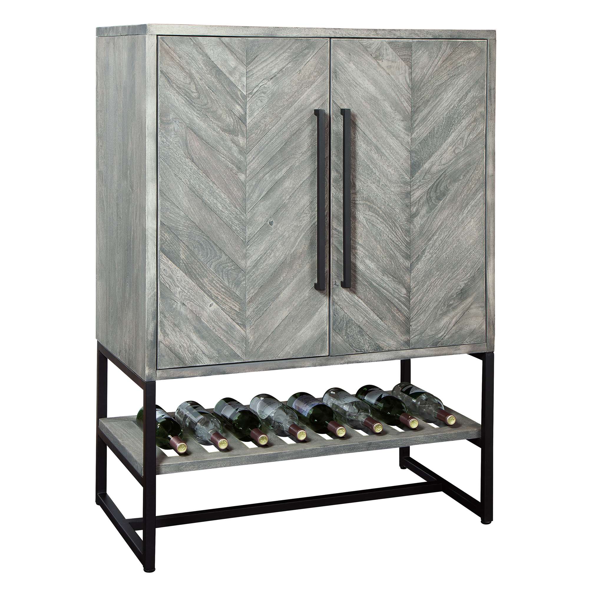 Stylish wooden wine cabinet with a chevron pattern and metal handles