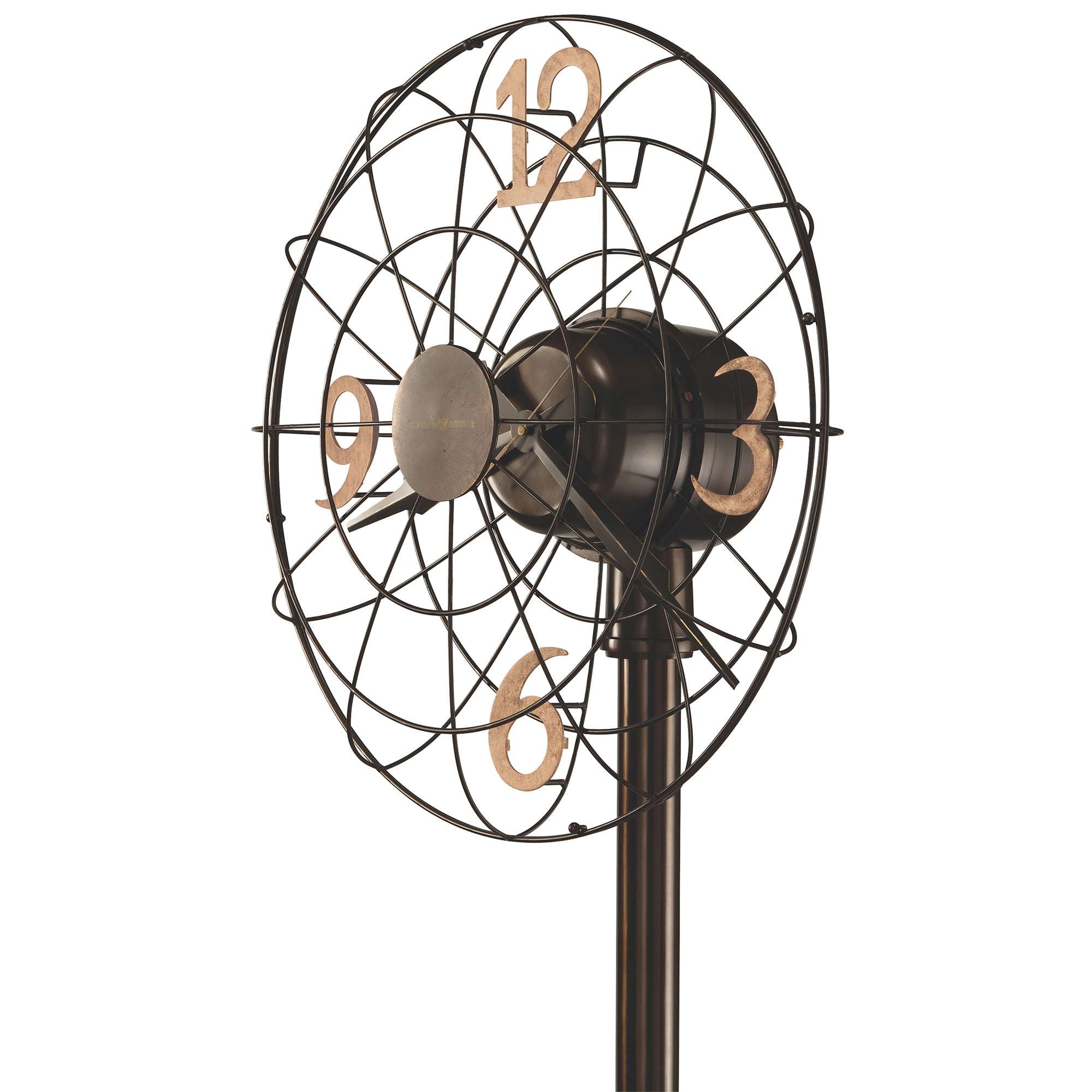 Vintage style standing fan with a circular grille and clock-like numbers.