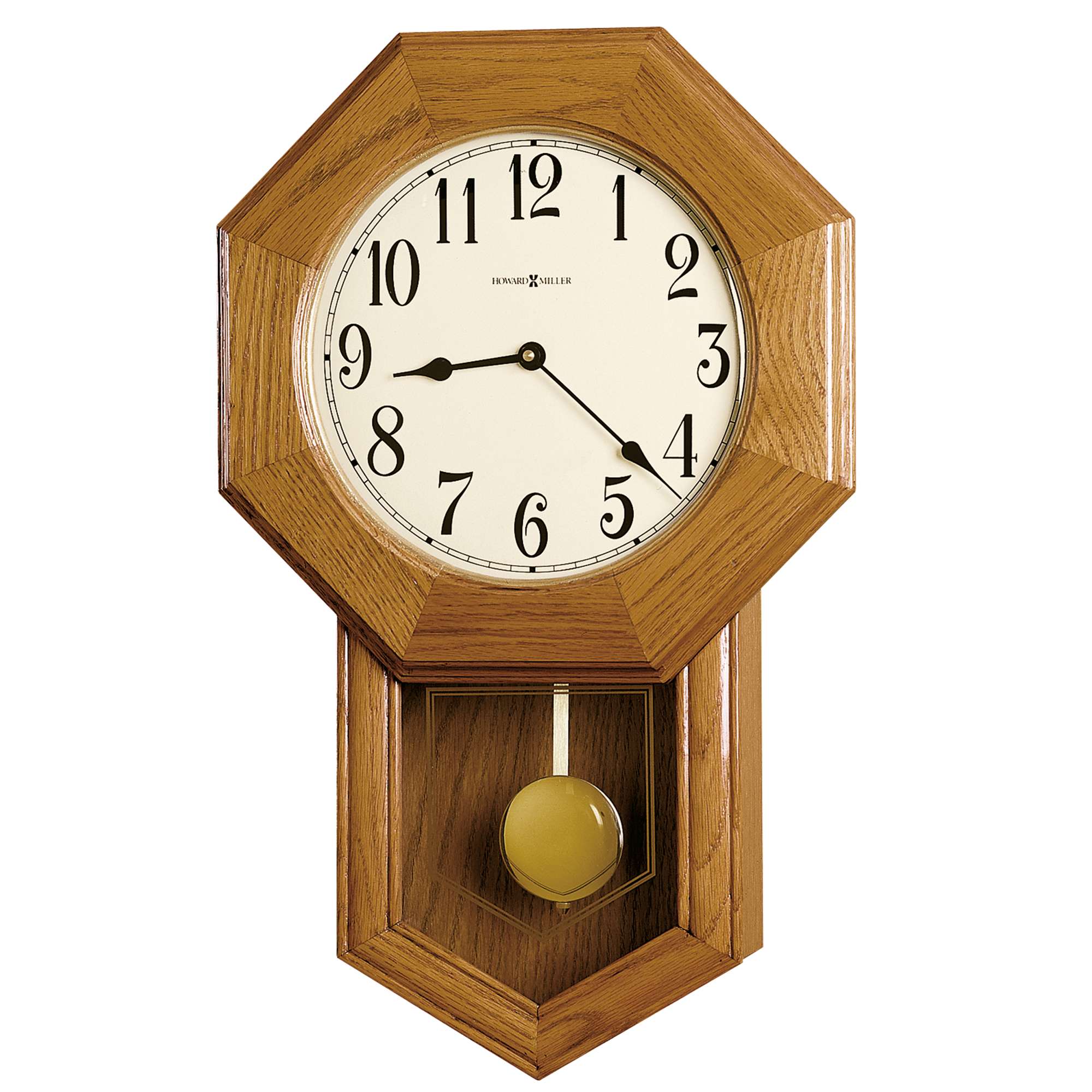A wooden wall clock with an octagonal shape and a pendulum.