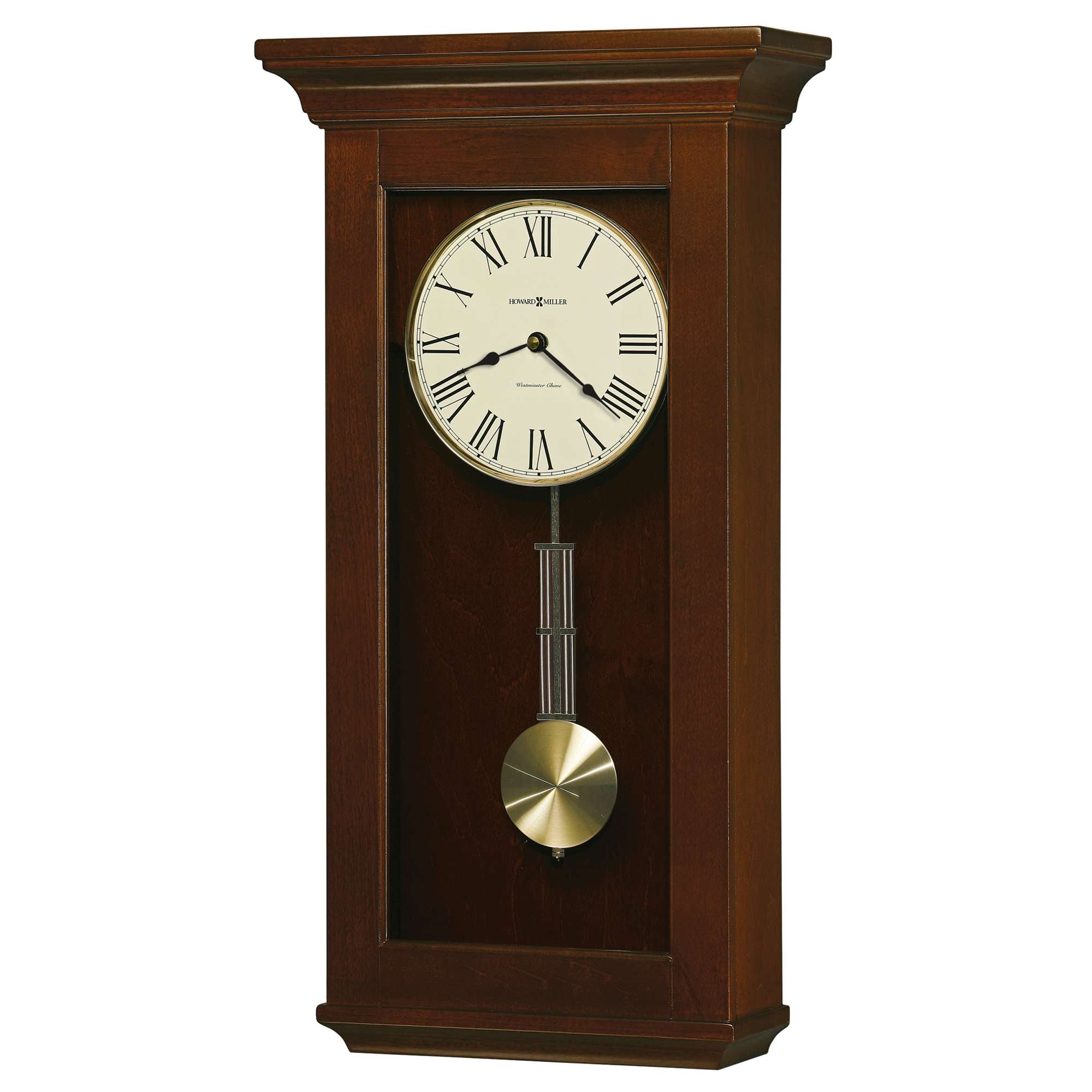 Wall clock with Roman numerals and pendulum in a wooden frame.
