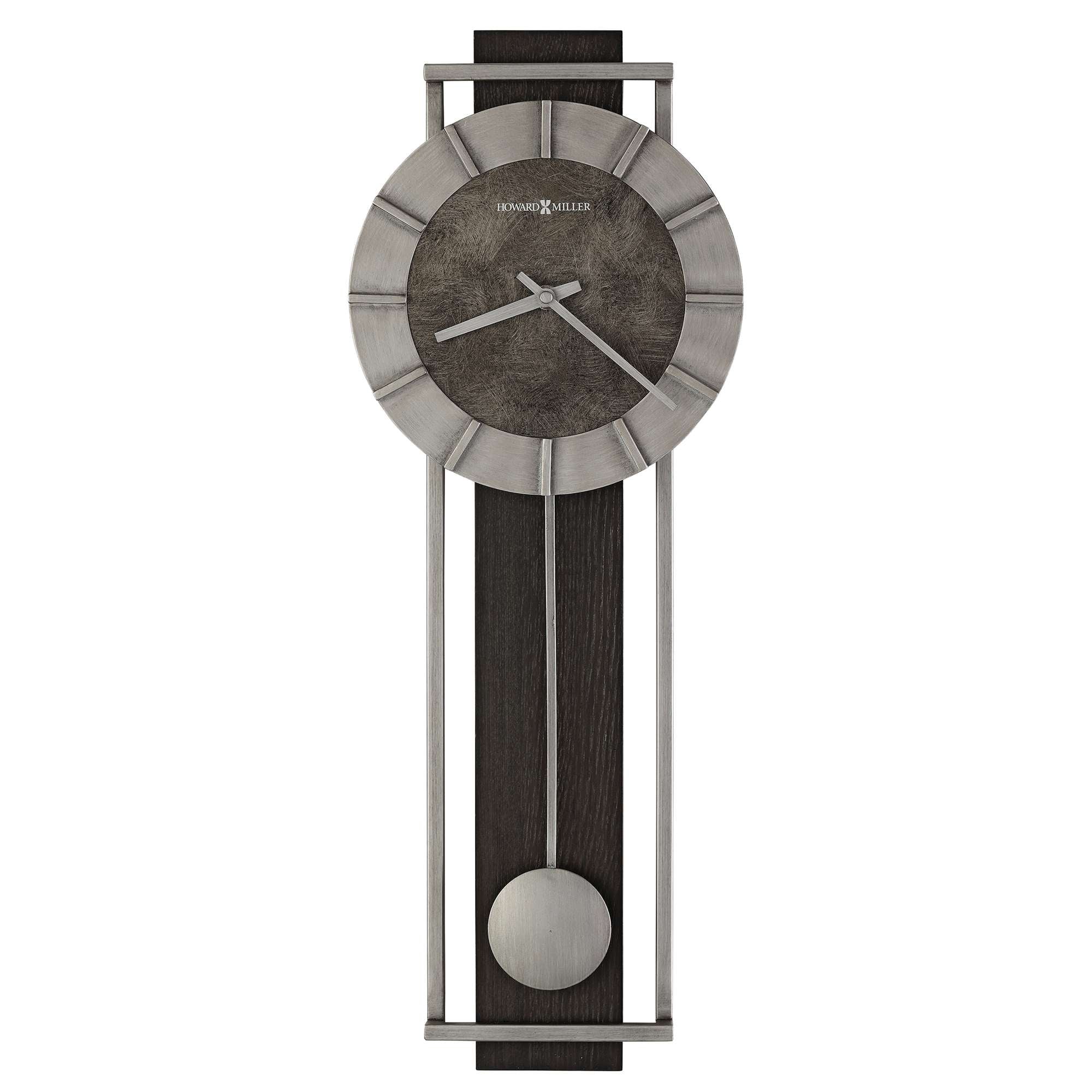 Modern wall clock with a round face and a pendulum, featuring a silver and dark wood design.